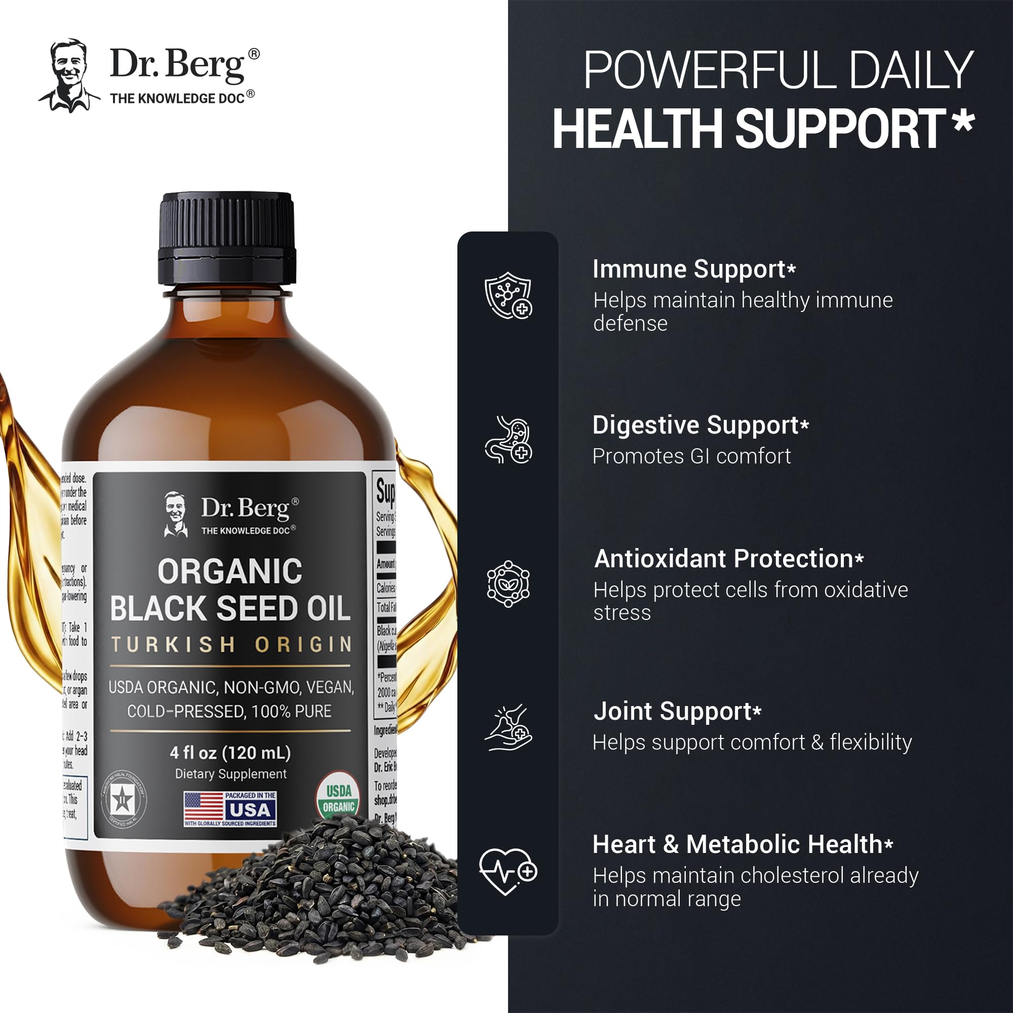 Dr. Berg Black Seed Oil ingredients panel on the label.