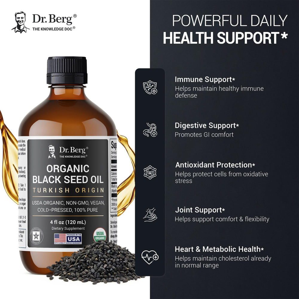 Dr. Berg Black Seed Oil ingredients panel on the label.