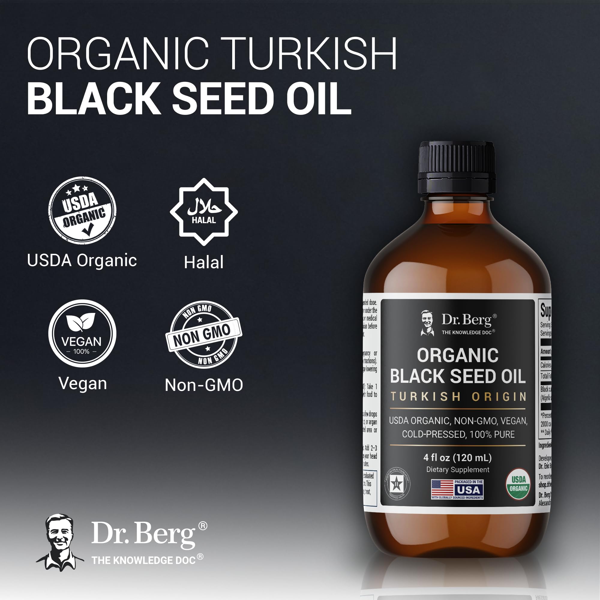 Dr. Berg Black Seed Oil label close-up highlighting organic, cold-pressed quality.