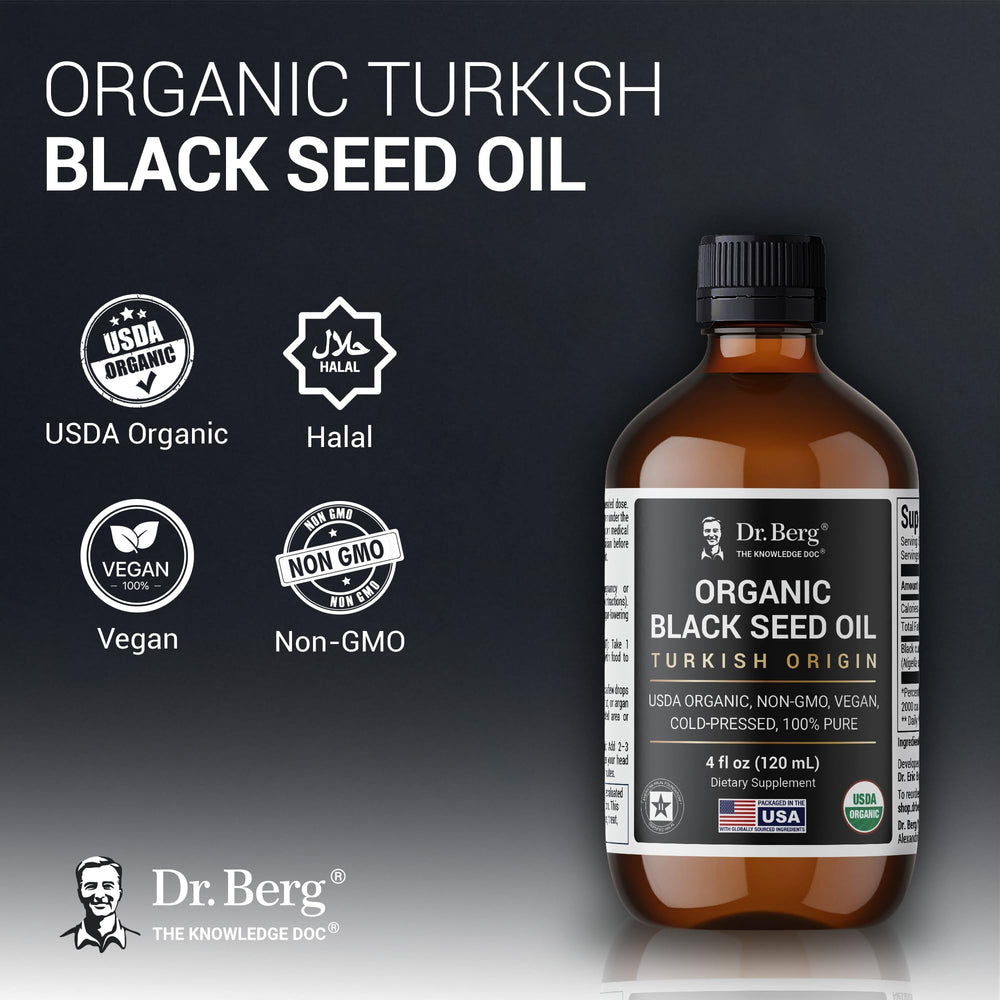 Dr. Berg Black Seed Oil label close-up highlighting organic, cold-pressed quality.