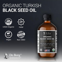 Dr. Berg Black Seed Oil label close-up highlighting organic, cold-pressed quality.