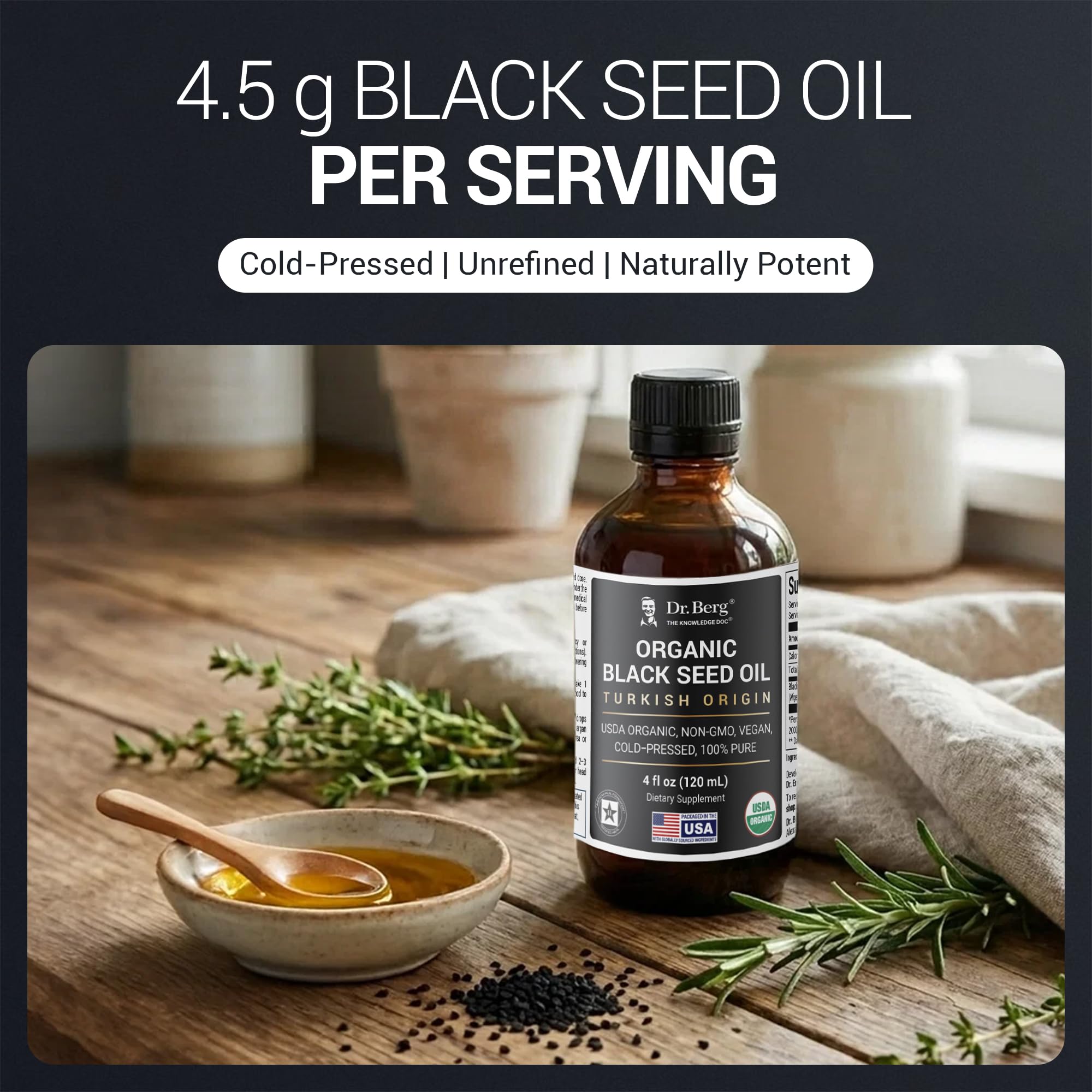 Dr. Berg Black Seed Oil droplets show unrefined texture for natural nourishment.