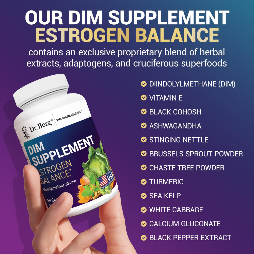 Dr. Berg DIM bottle with lifestyle shot suggesting routine use
