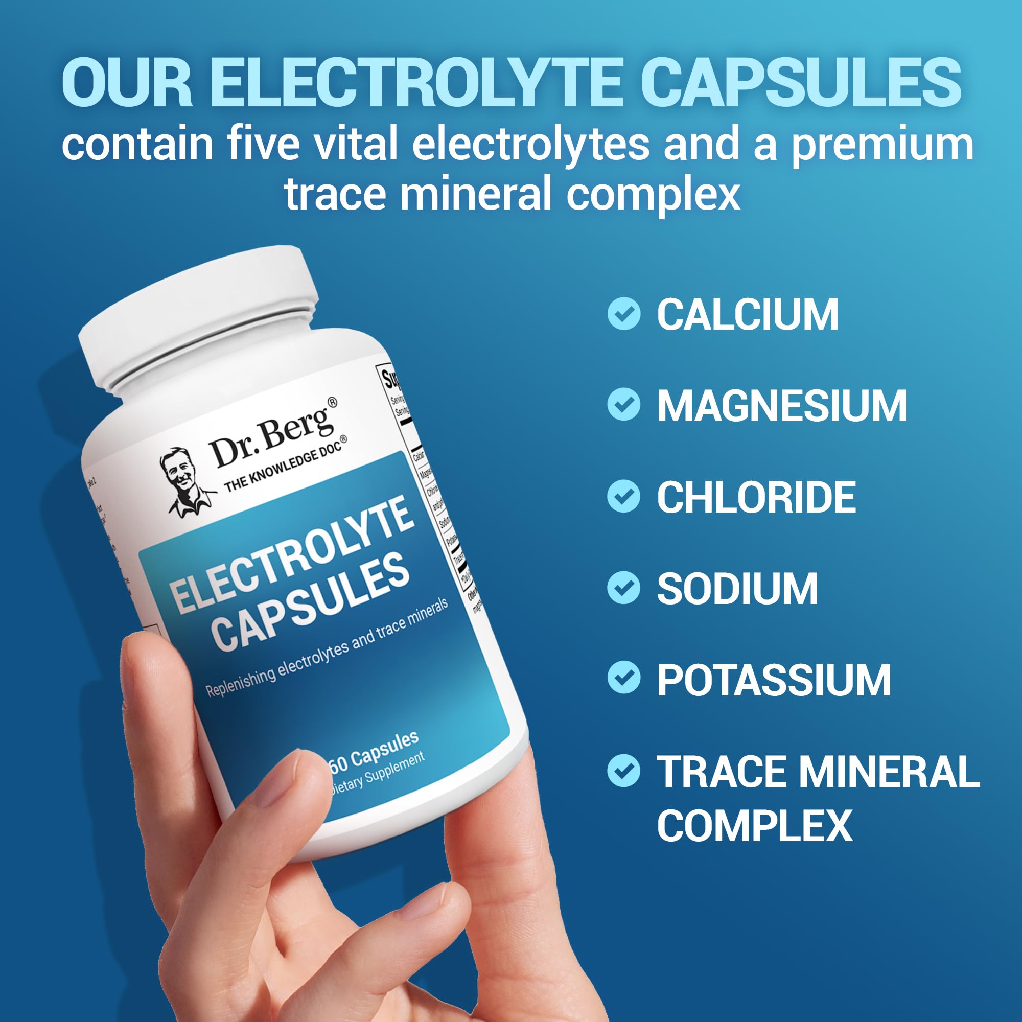 Dr. Berg Electrolyte Capsules on kitchen counter with water for hydration ritual.