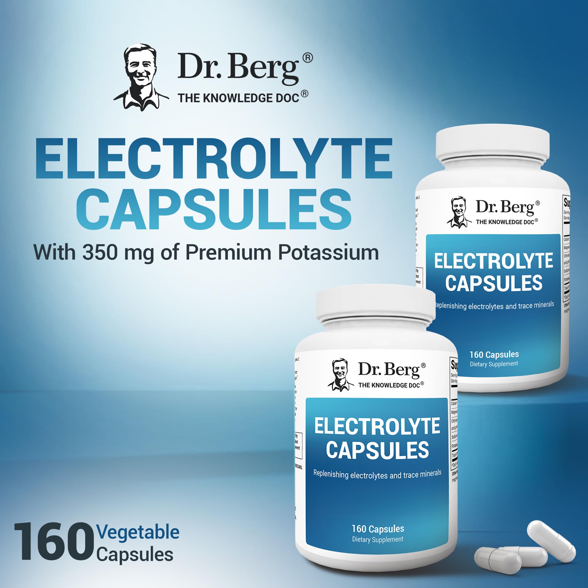 Dr. Berg Electrolyte Capsules being poured illustrating quick daily replenishment.