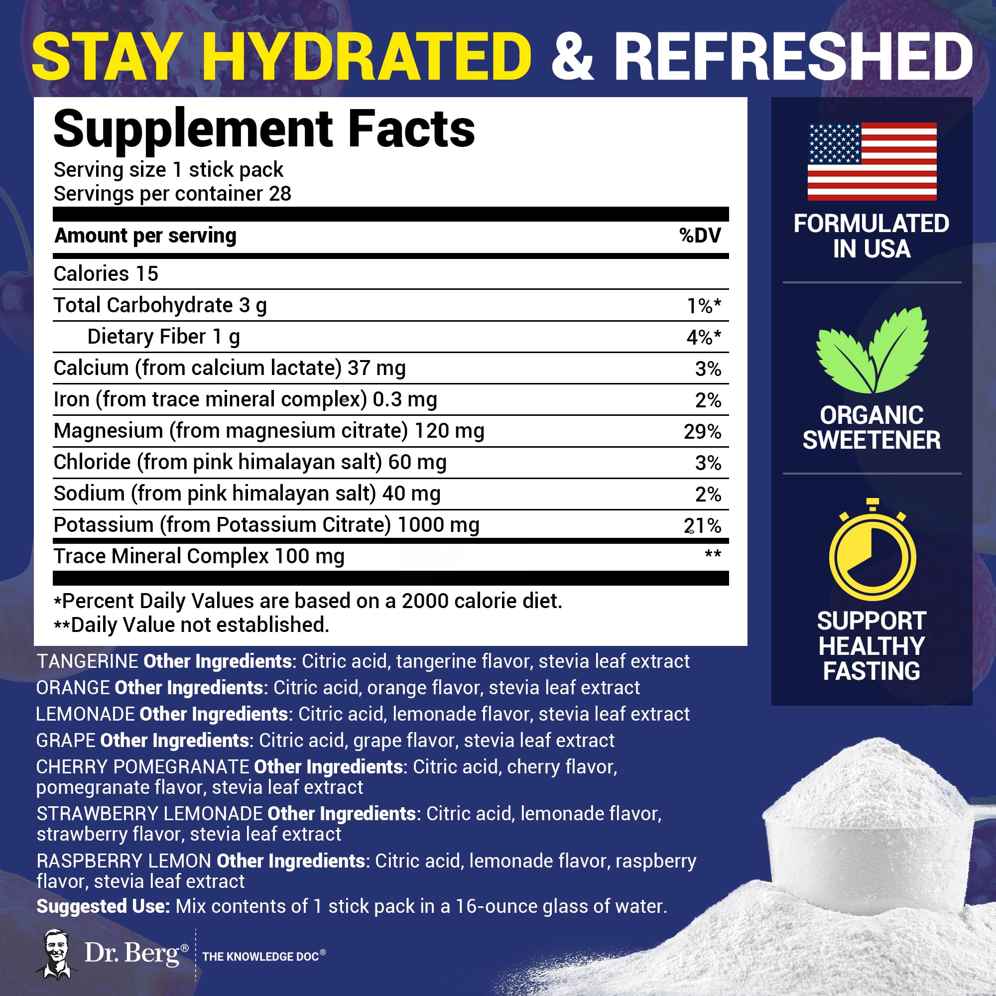 Dr. Berg Electrolyte Packets being poured into a glass for convenient hydration.
