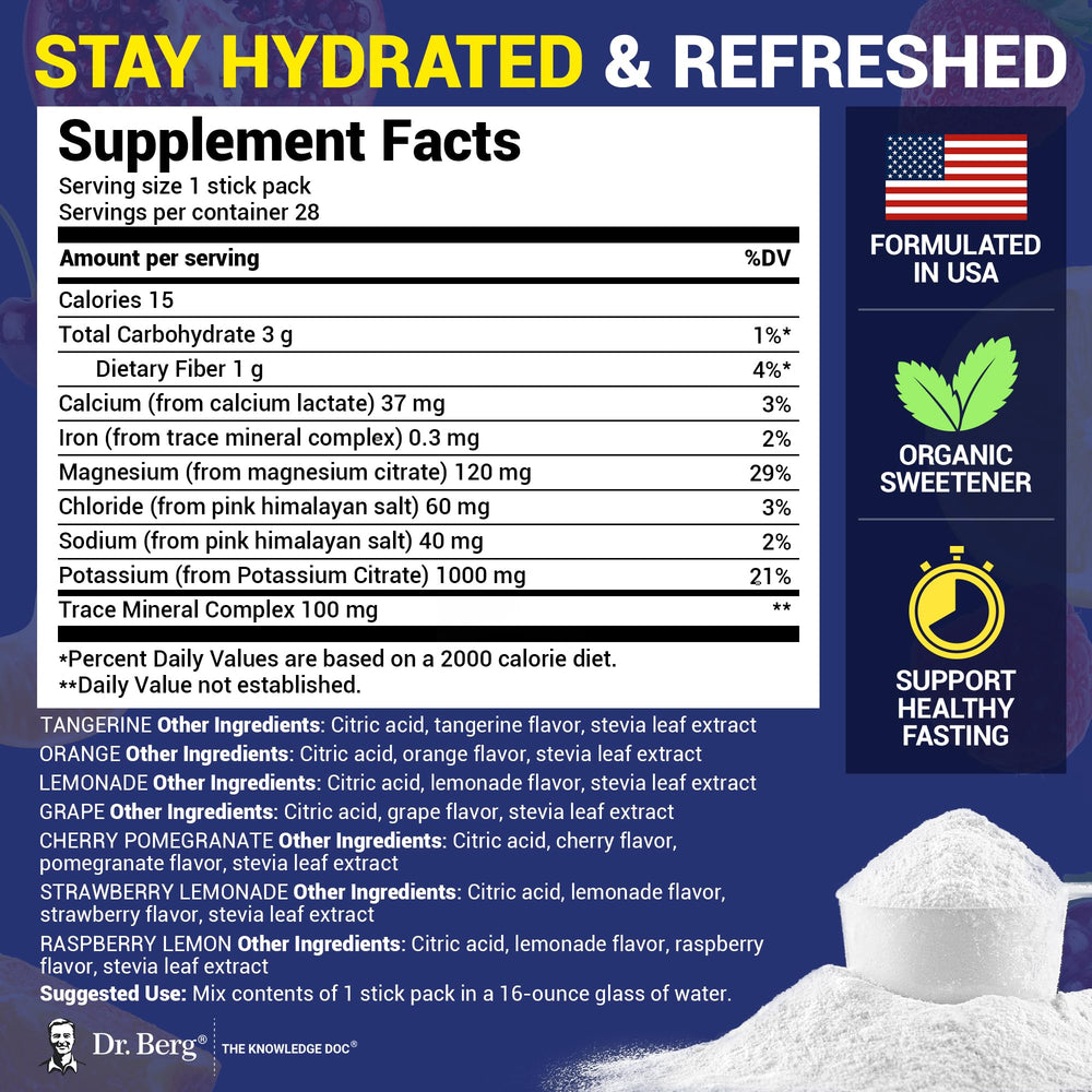 Dr. Berg Electrolyte Packets being poured into a glass for convenient hydration.