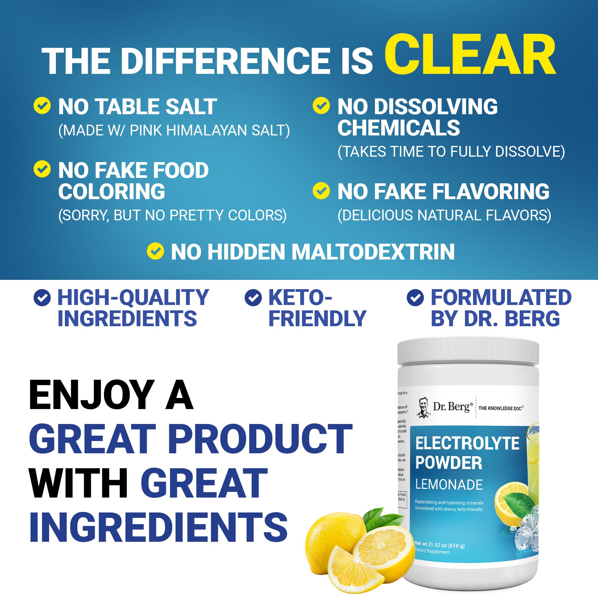 Dr. Berg glass of lemonade shows keto-friendly hydration option.