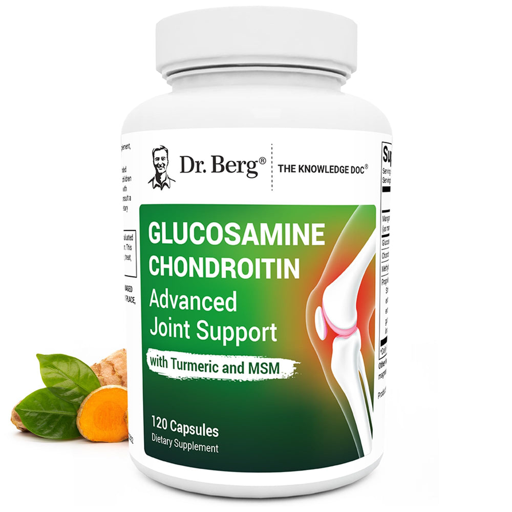 Dr. Berg Glucosamine Chondroitin MSM Turmeric & Boswellia bottle highlights joint support.