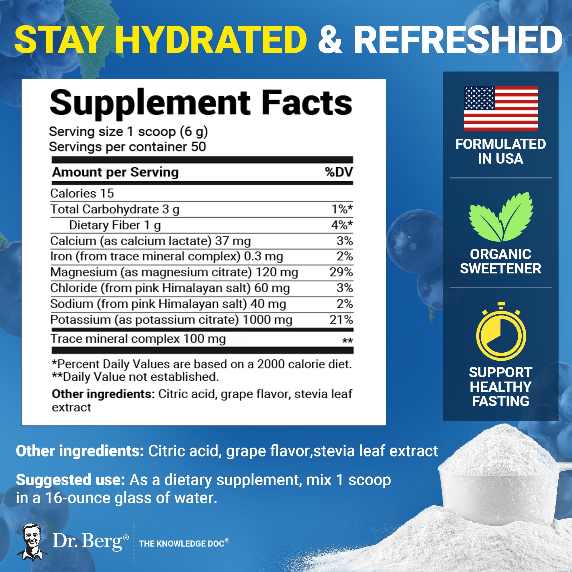Dr. Berg Hydration grape label emphasizes sugar-free electrolyte blend