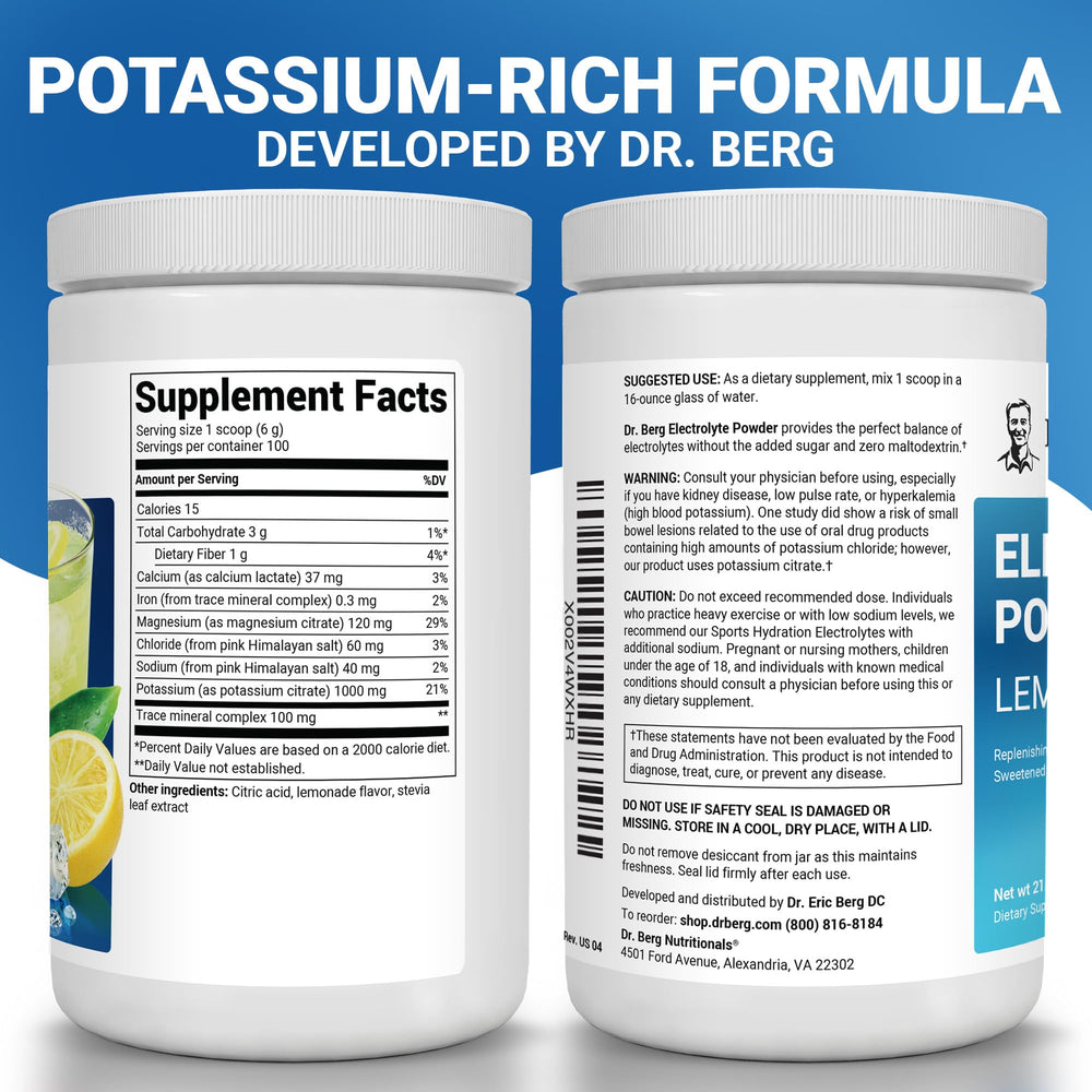 Dr. Berg Lemonade electrolyte powder dissolving in water for quick hydration.