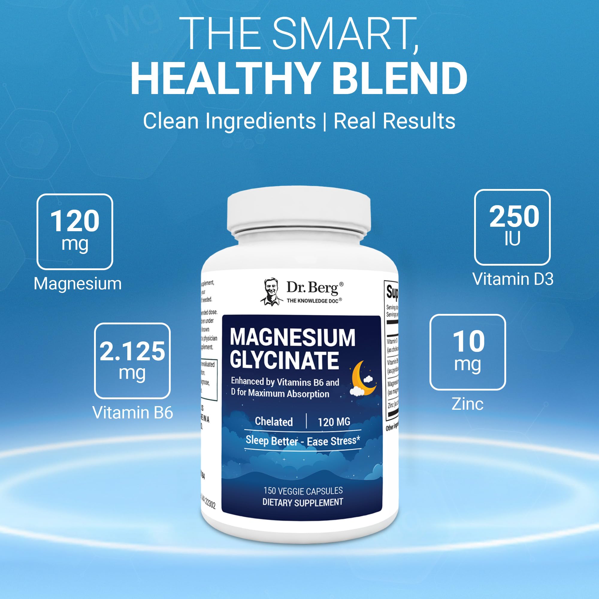 Packaging box shows Dr. Berg Magnesium Glycinate 150ct with USA formulation and GMP-certified production.