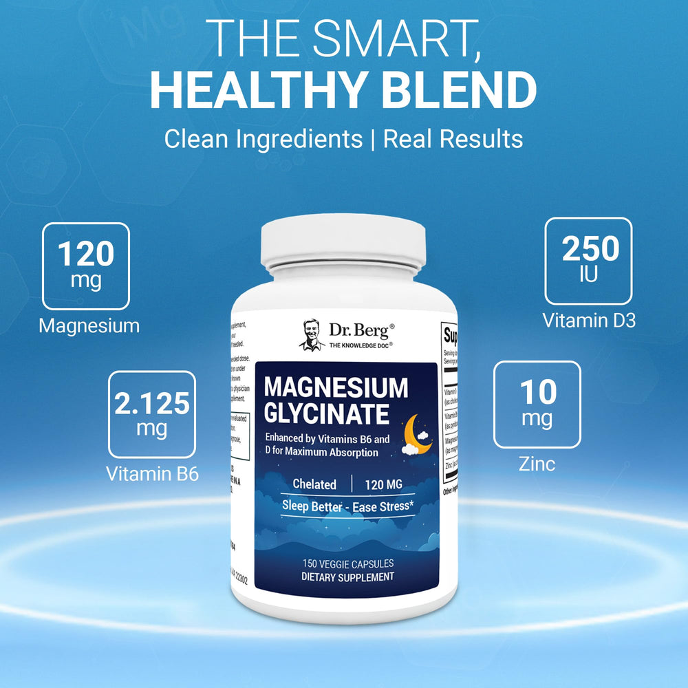 Packaging box shows Dr. Berg Magnesium Glycinate 150ct with USA formulation and GMP-certified production.