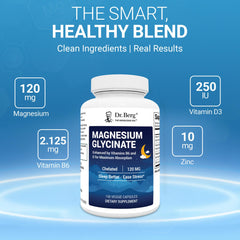 Packaging box shows Dr. Berg Magnesium Glycinate 150ct with USA formulation and GMP-certified production.