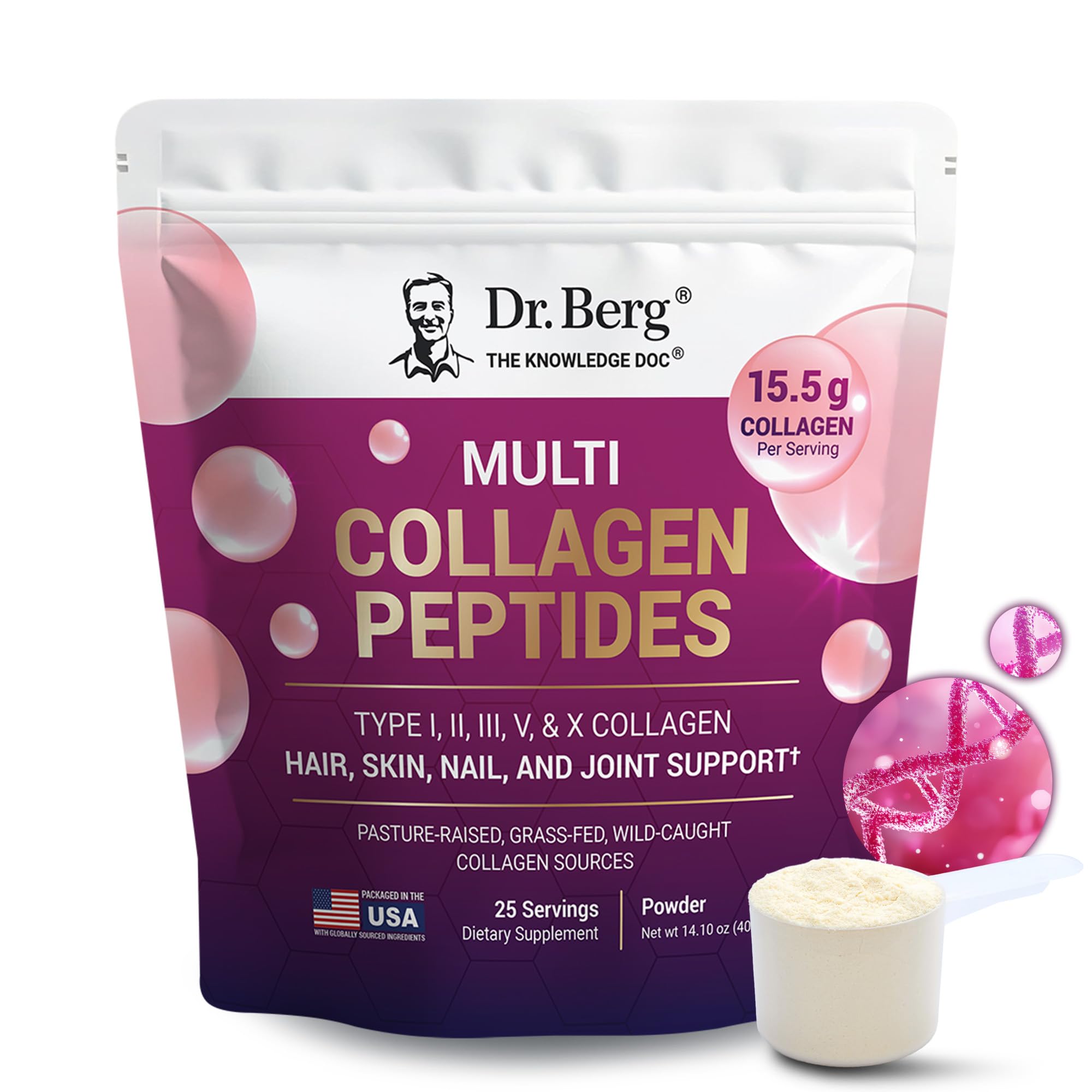 Dr. Berg Multi Collagen Peptides Powder tub front promotes skin elasticity and joint comfort.