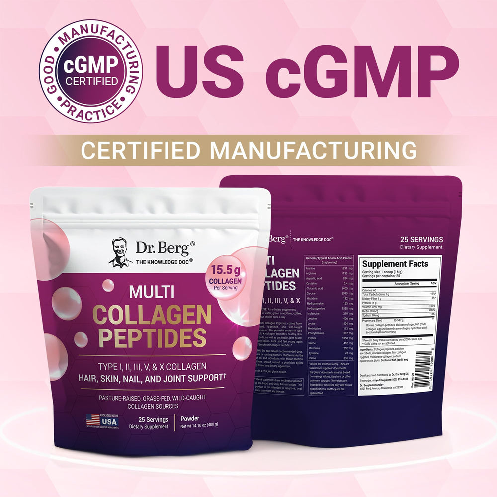 Vitamin C and biotin enriched Dr. Berg Collagen Powder supports hair, skin, and nails.