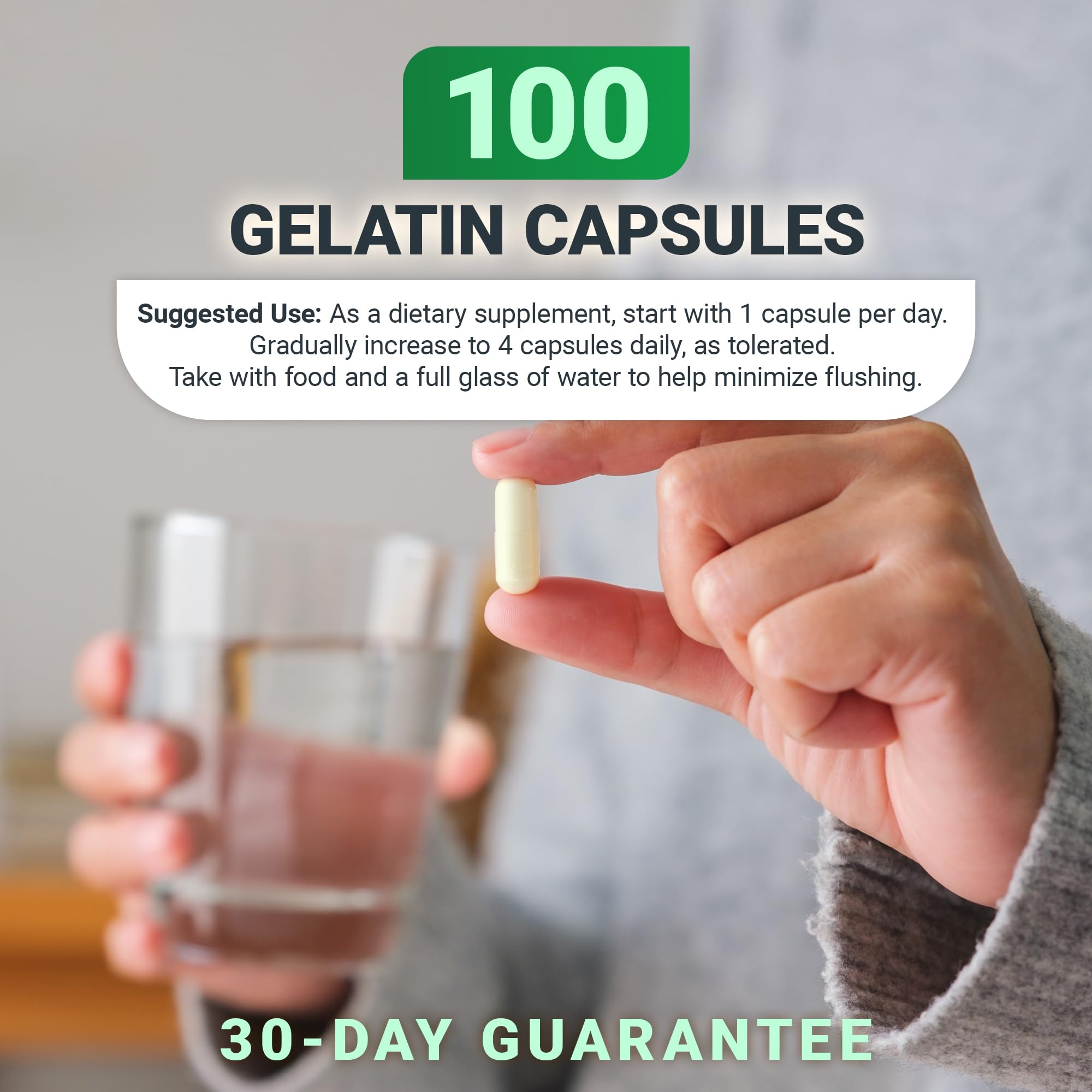 Dr. Berg Niacin 125 mg bottle beside a brochure and lifestyle context