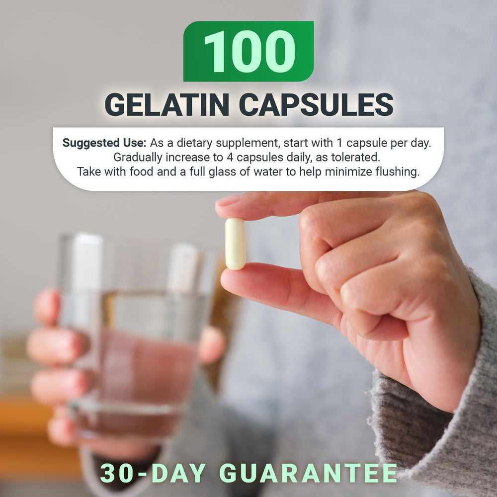 Dr. Berg Niacin 125 mg bottle beside a brochure and lifestyle context