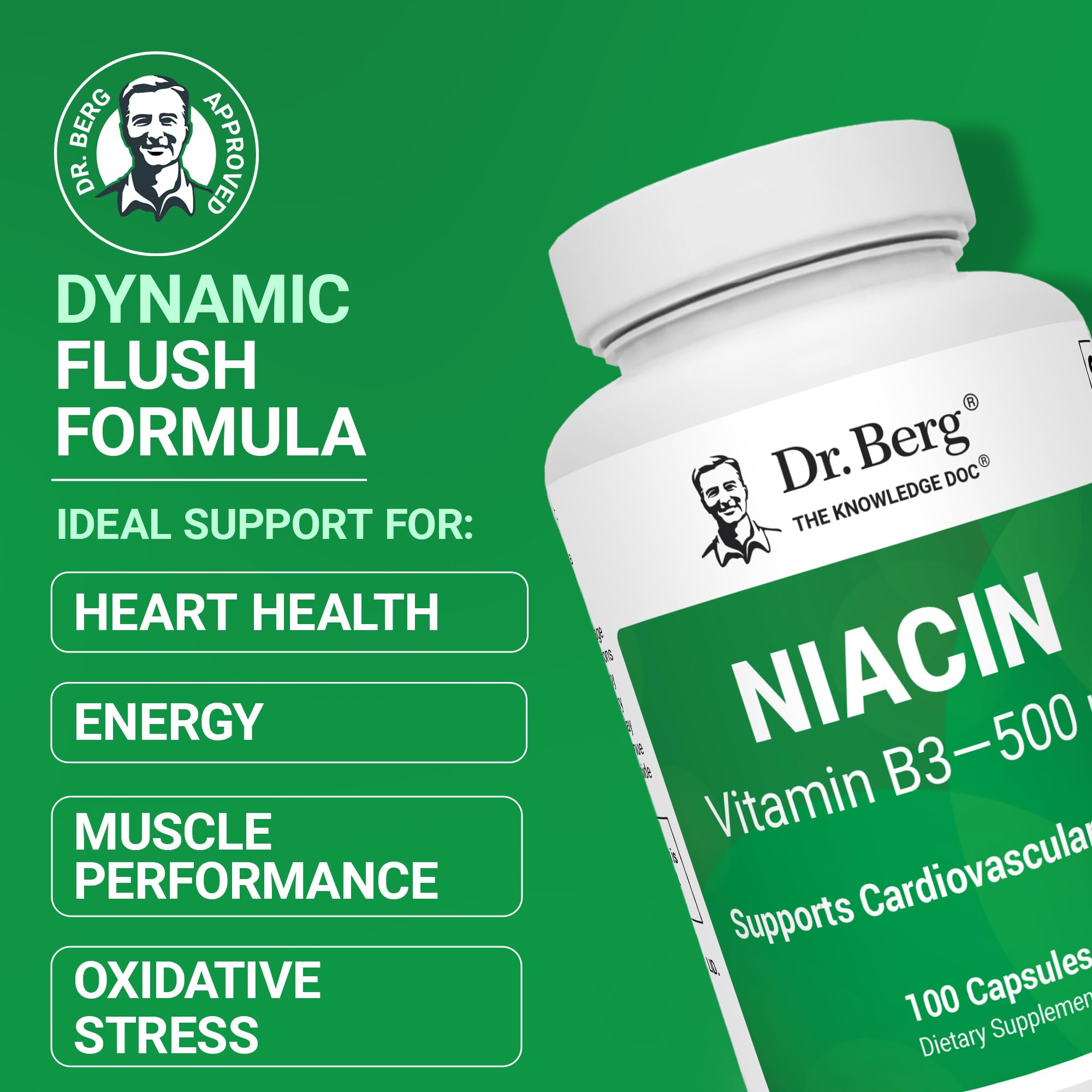 Dr. Berg Niacin 125 mg bottle label highlighting energy and heart support