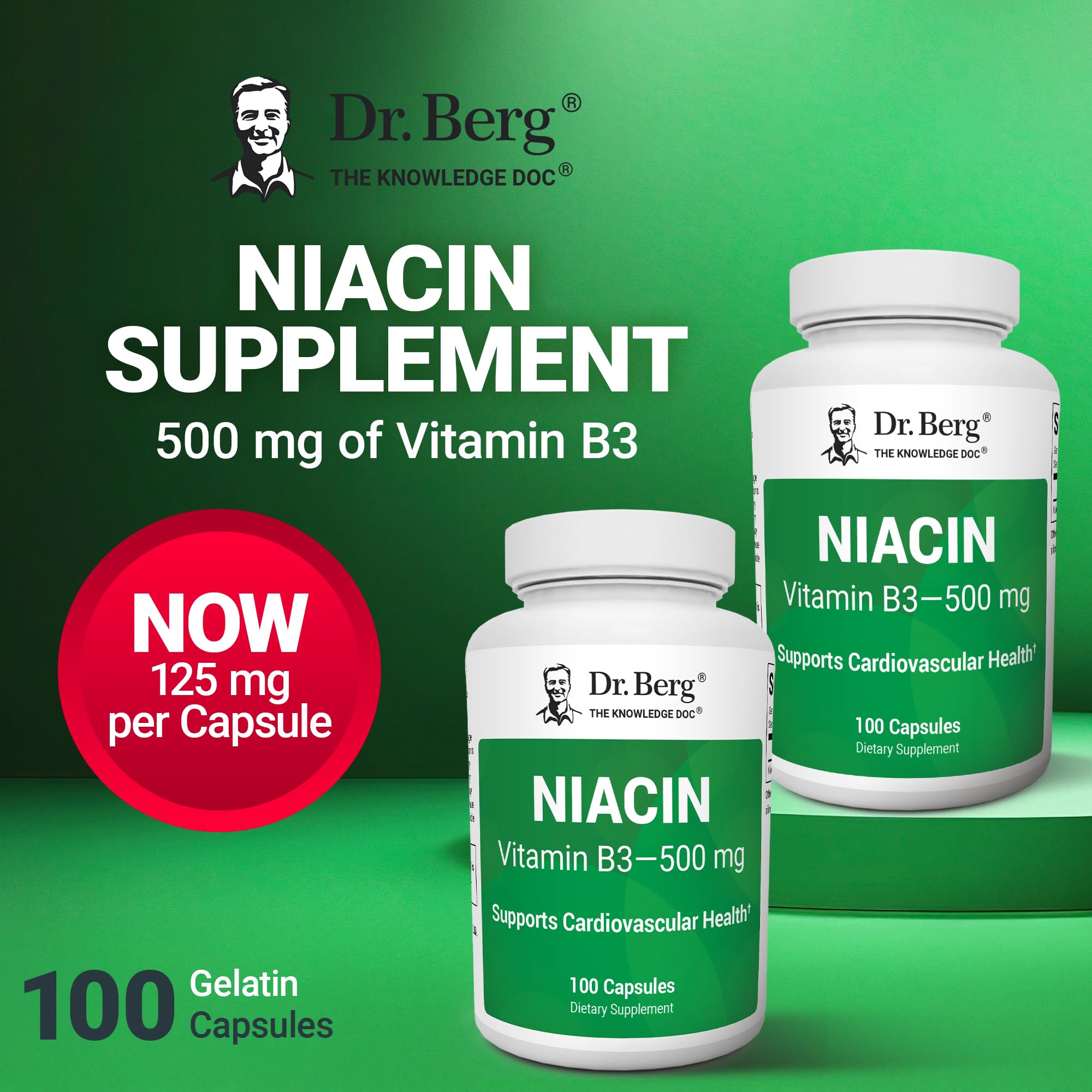 Dr. Berg Niacin 125 mg capsules on a desk with water