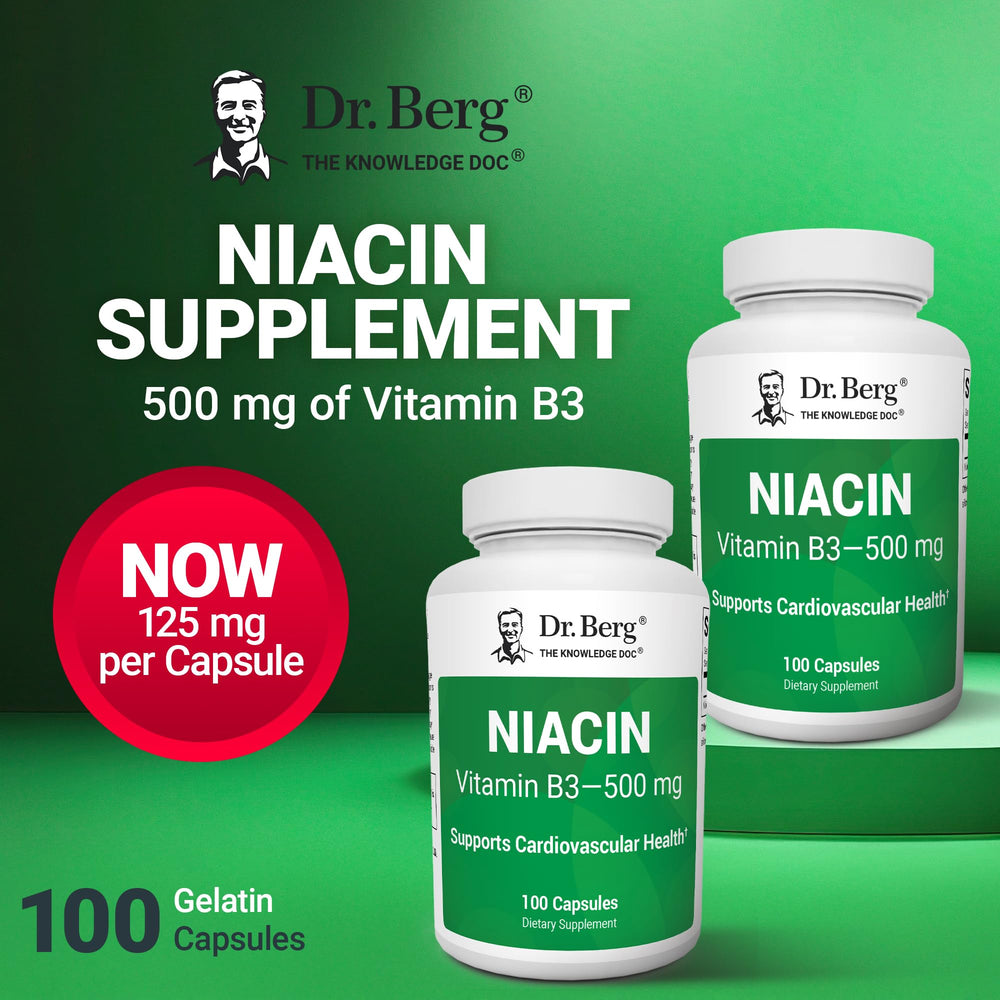 Dr. Berg Niacin 125 mg capsules on a desk with water