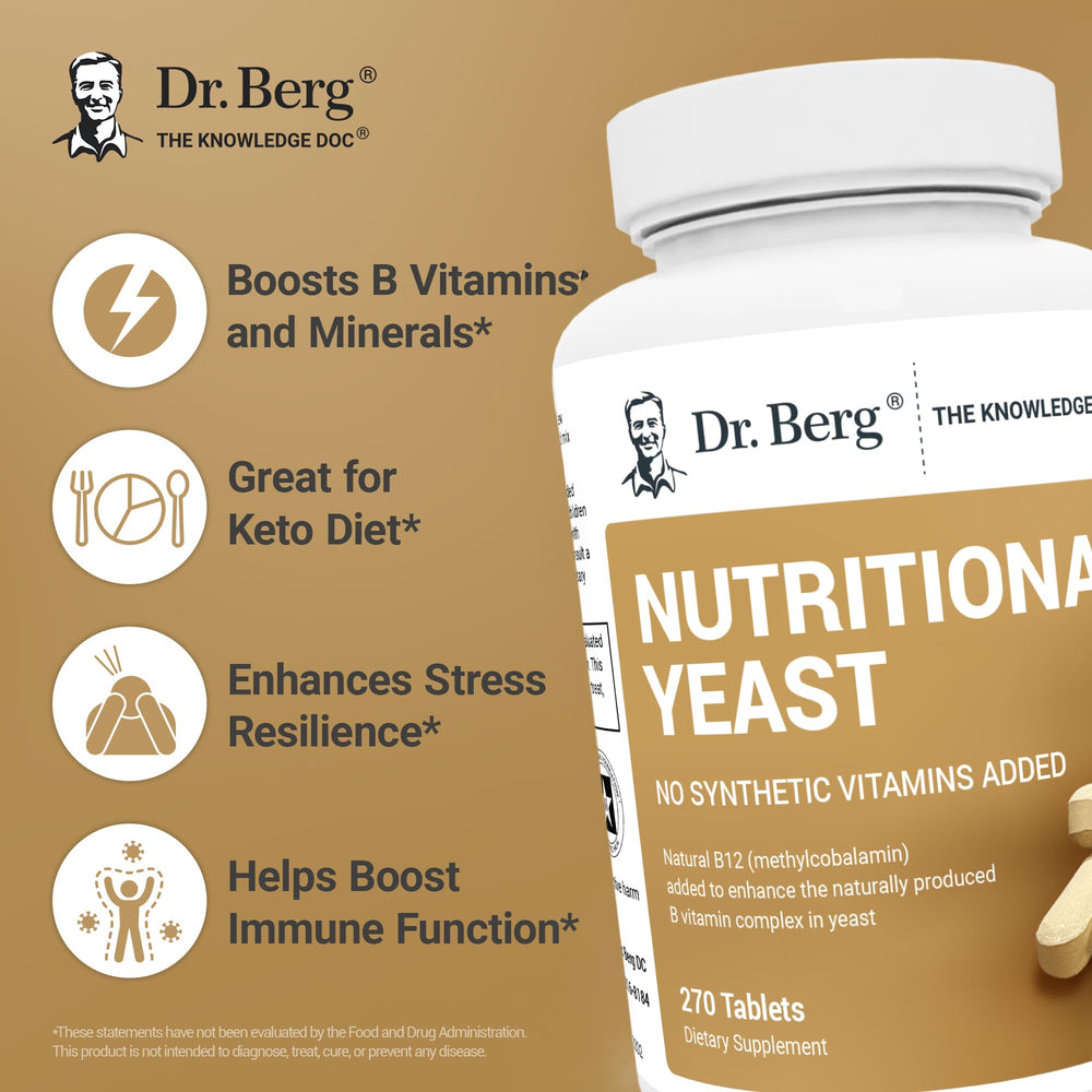 Dr. Berg Yeast Tablets with B12 and B vitamins for daily nutrition support.