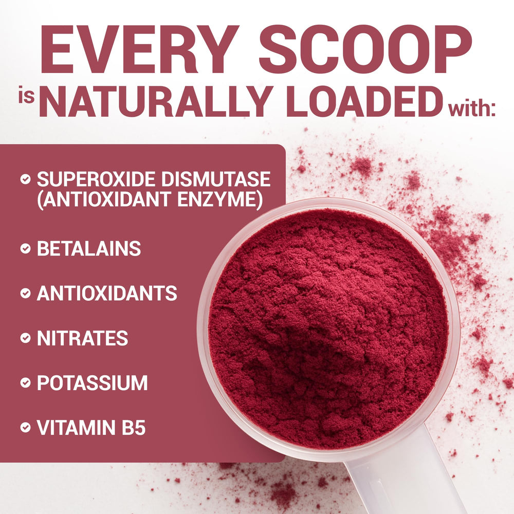 Dr. Berg Nutritionals beet powder close-up highlighting betalain-rich red color.