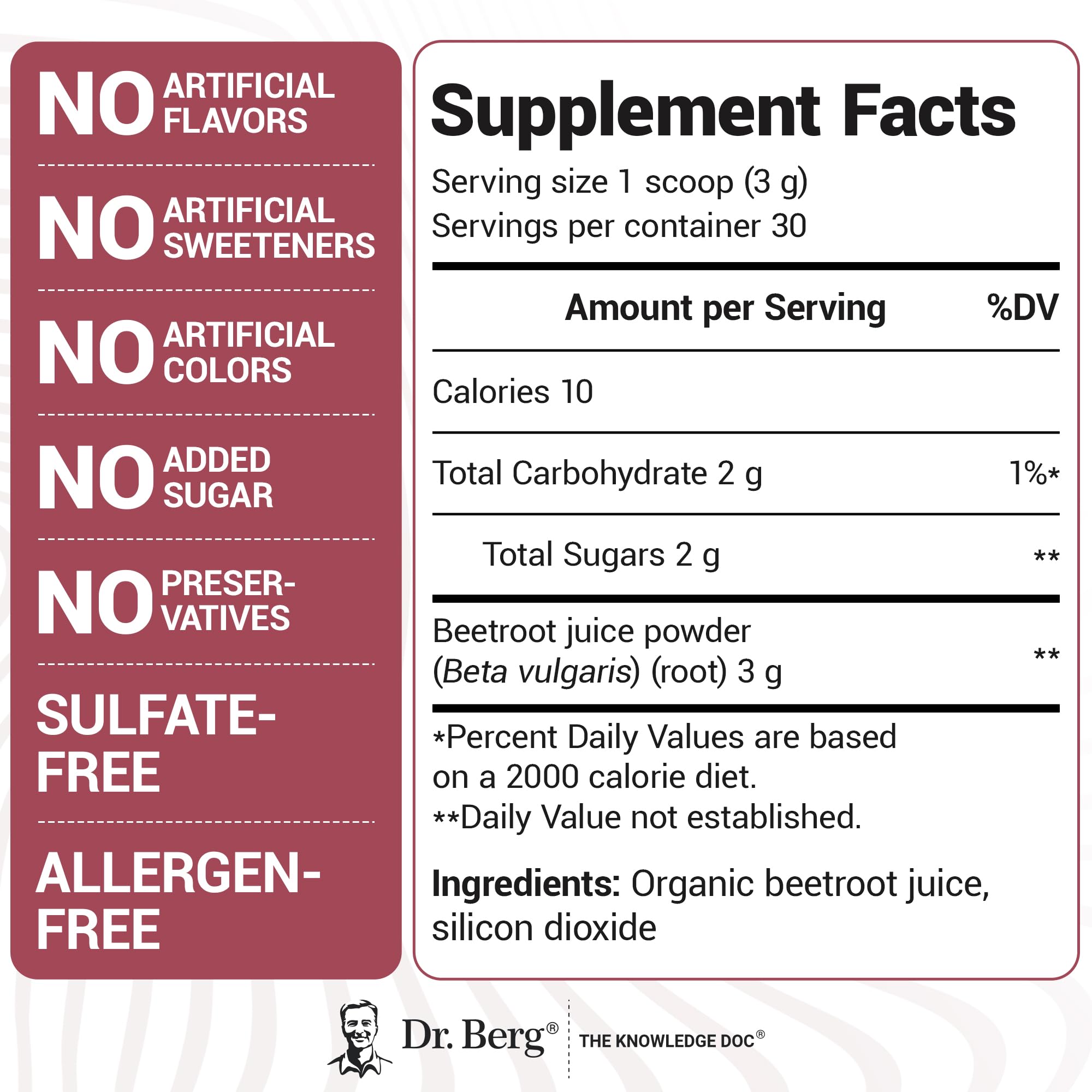 Dr. Berg Nutritionals beet powder label displaying USDA Organic seal.
