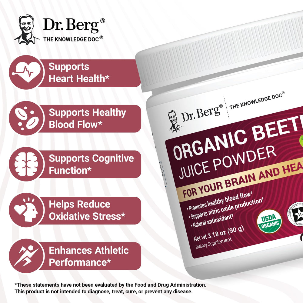Dr. Berg Nutritionals beet powder scoop beside tub with desiccant for freshness.