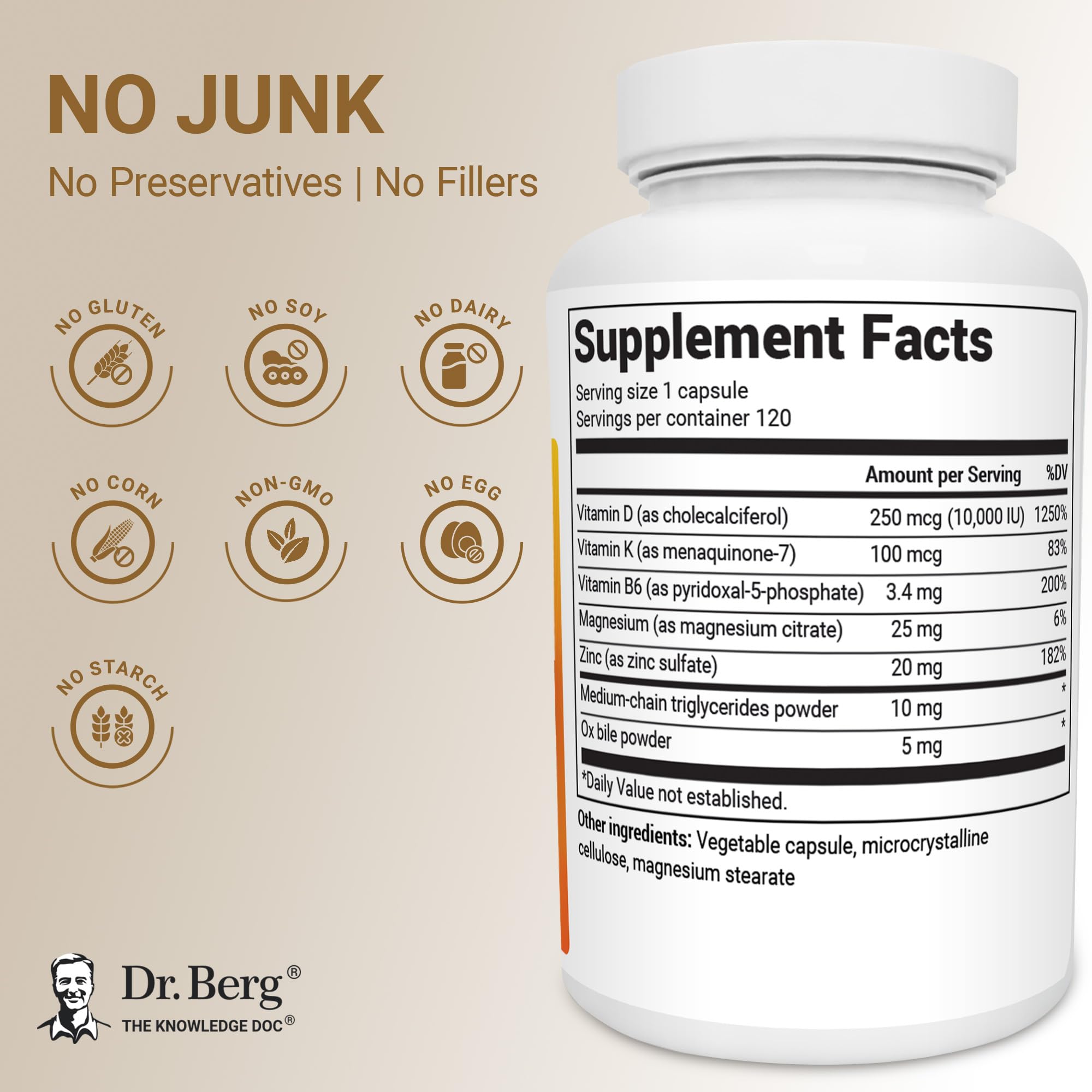Dr. Berg D3 K2 bottle pour illustrates easy daily dosing.