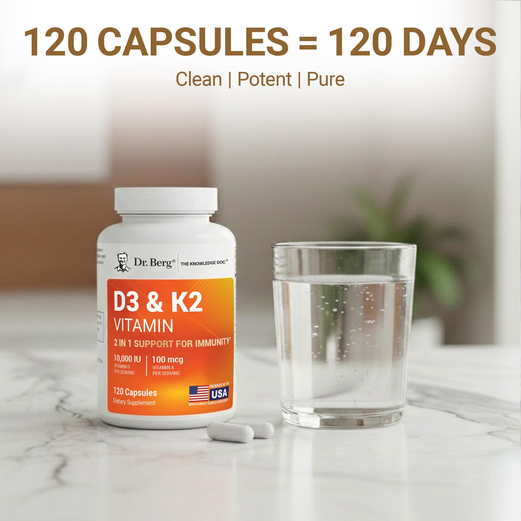 Dr. Berg D3 K2 dosage chart shows 120-day supply.