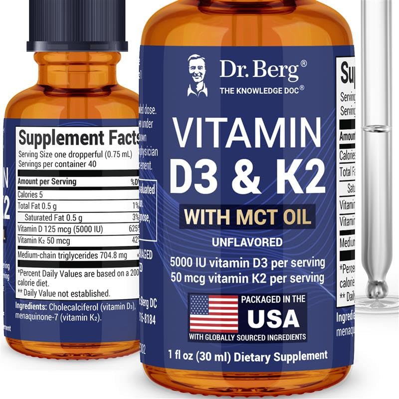 Dr. Berg Nutritionals D3 K2 liquid drops bottle showing the product and bottle design for daily use