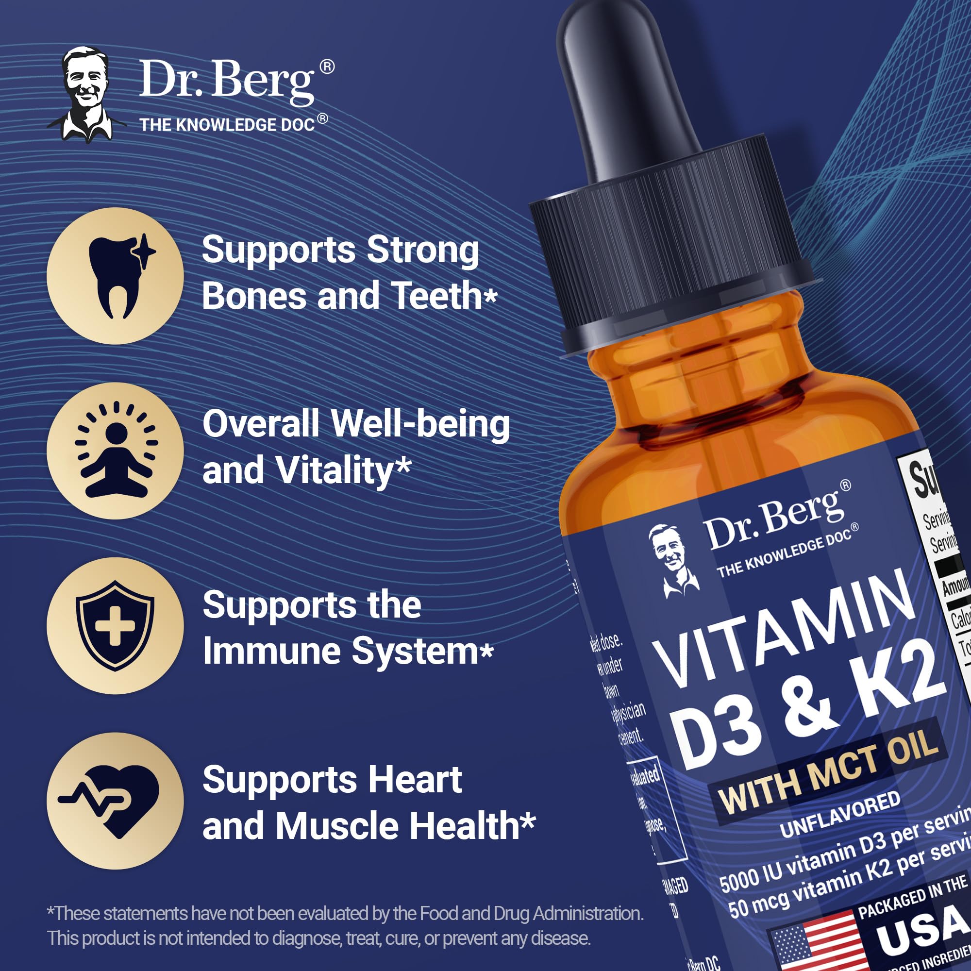 Glass bottle of Dr. Berg D3 K2 liquid drops with label visible