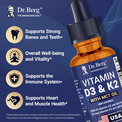 Glass bottle of Dr. Berg D3 K2 liquid drops with label visible