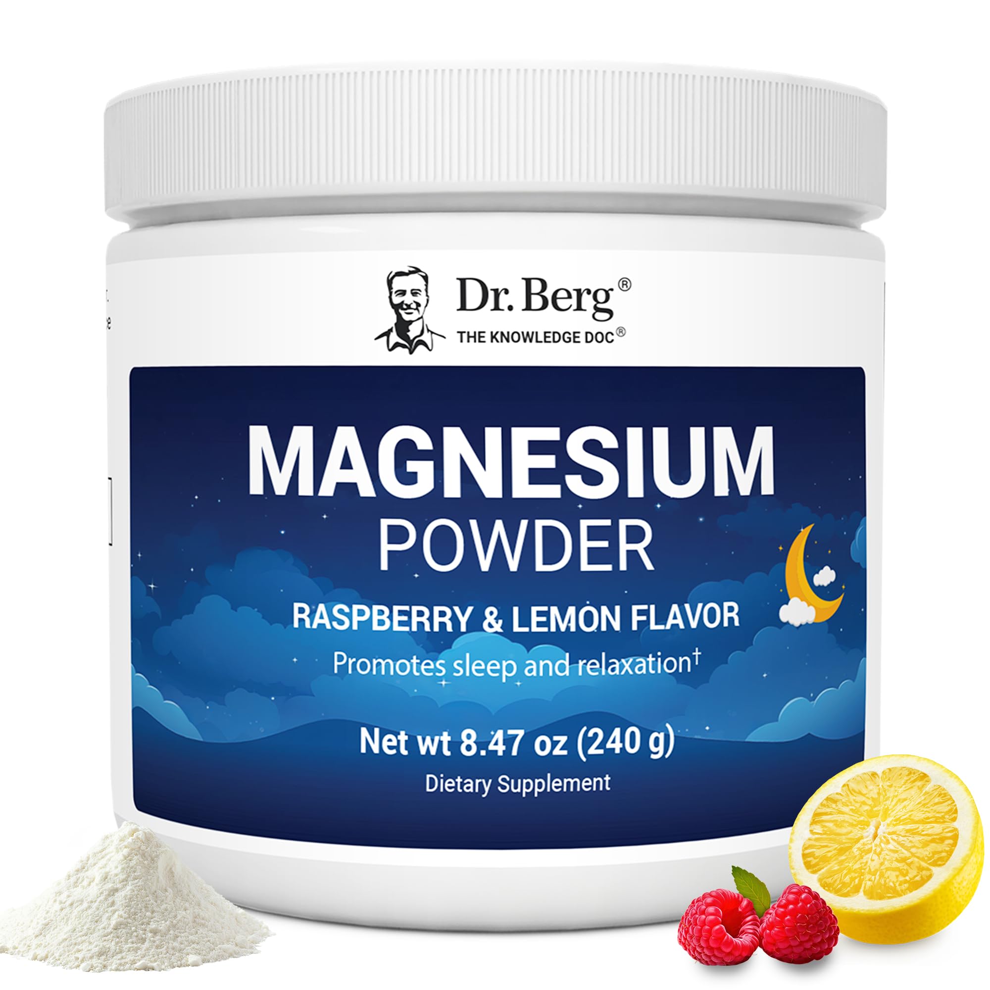 Dr. Berg Nutritionals magnesium glycinate powder raspberry lemon flavor jar for nightly relaxation.