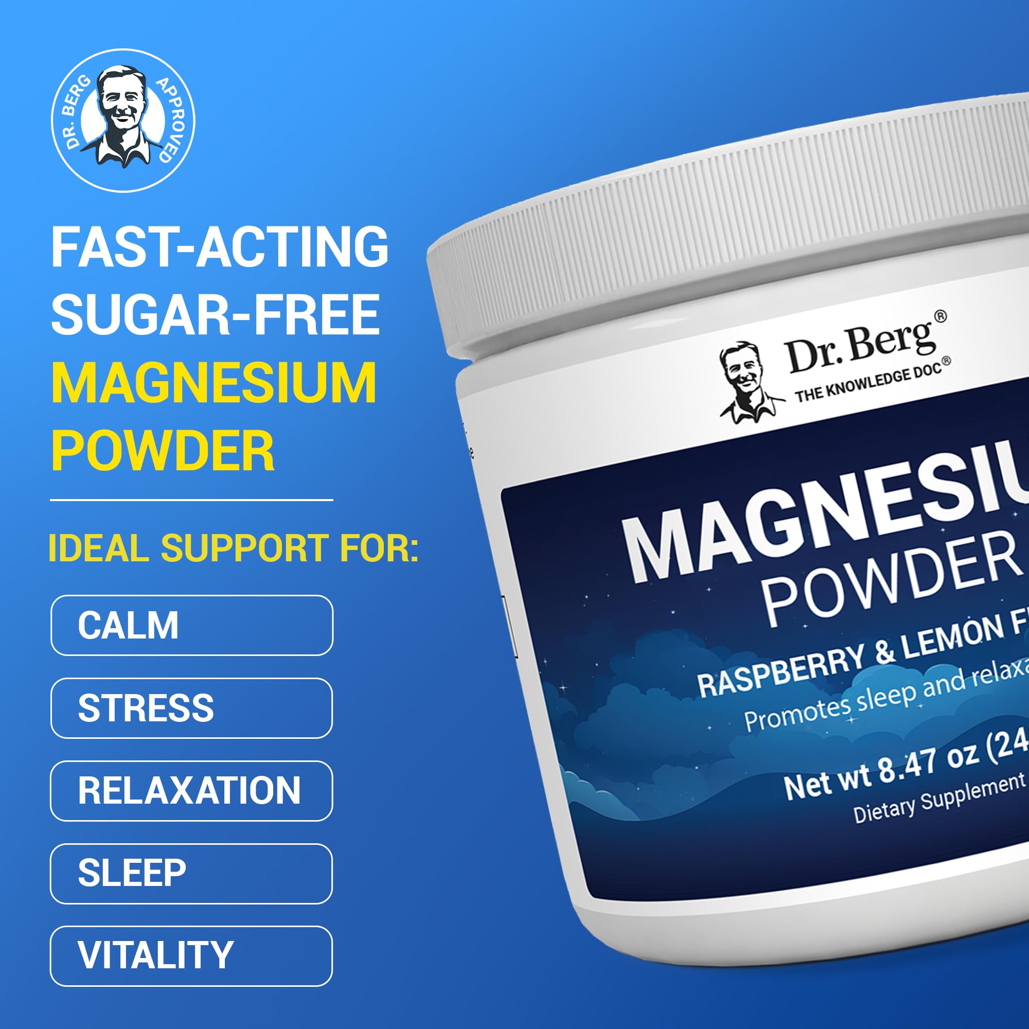 Scoop of Dr. Berg magnesium glycinate powder in container for easy daily dose.