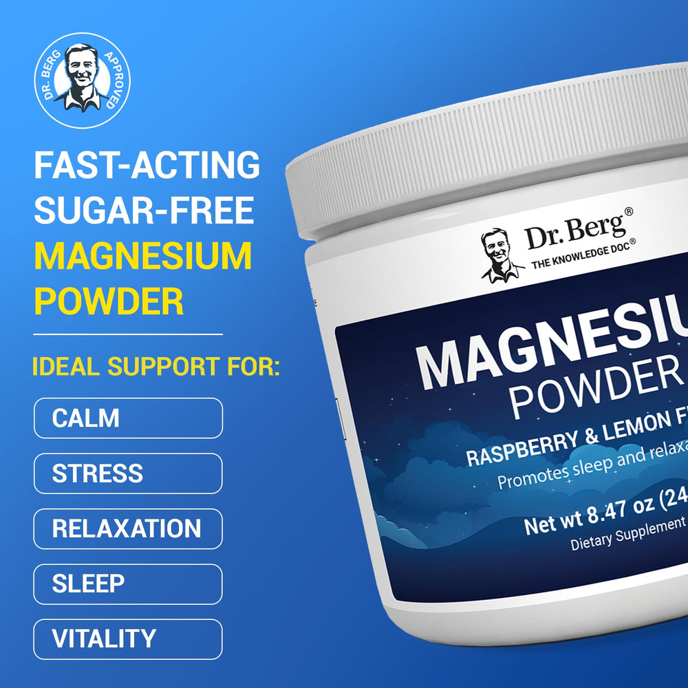 Scoop of Dr. Berg magnesium glycinate powder in container for easy daily dose.