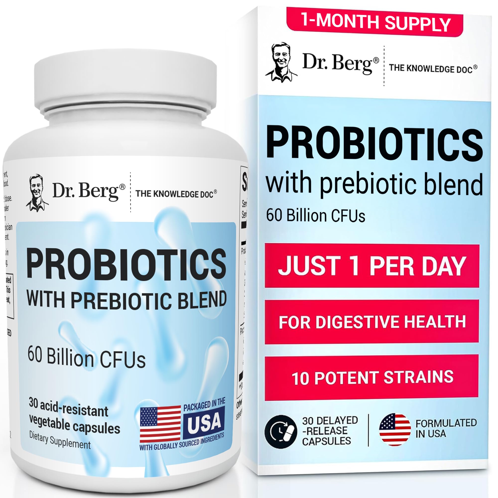 Dr. Berg Probiotic bottle front view highlighting a 60B CFU for digestive support