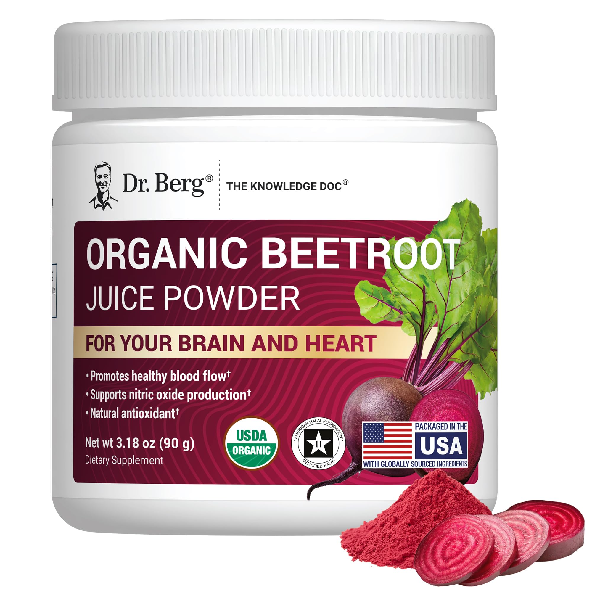 Dr. Berg Nutritionals raw organic beet powder bottle on a clean backdrop for daily nitrate support.