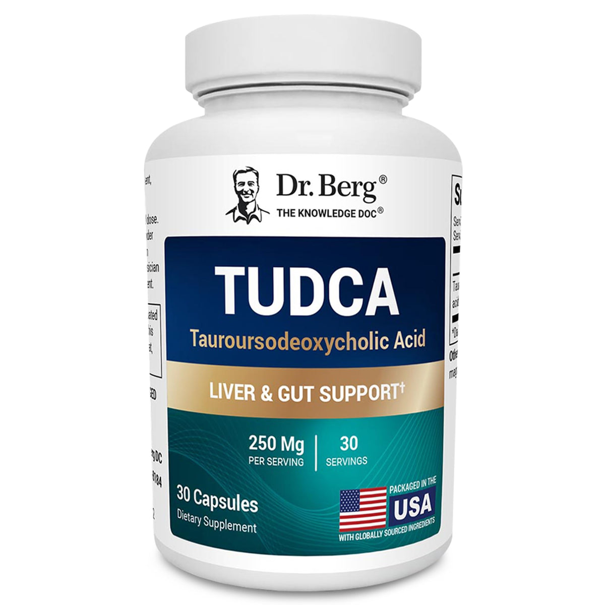 Dr. Berg TUDCA bottle front view highlighting liver support potential.