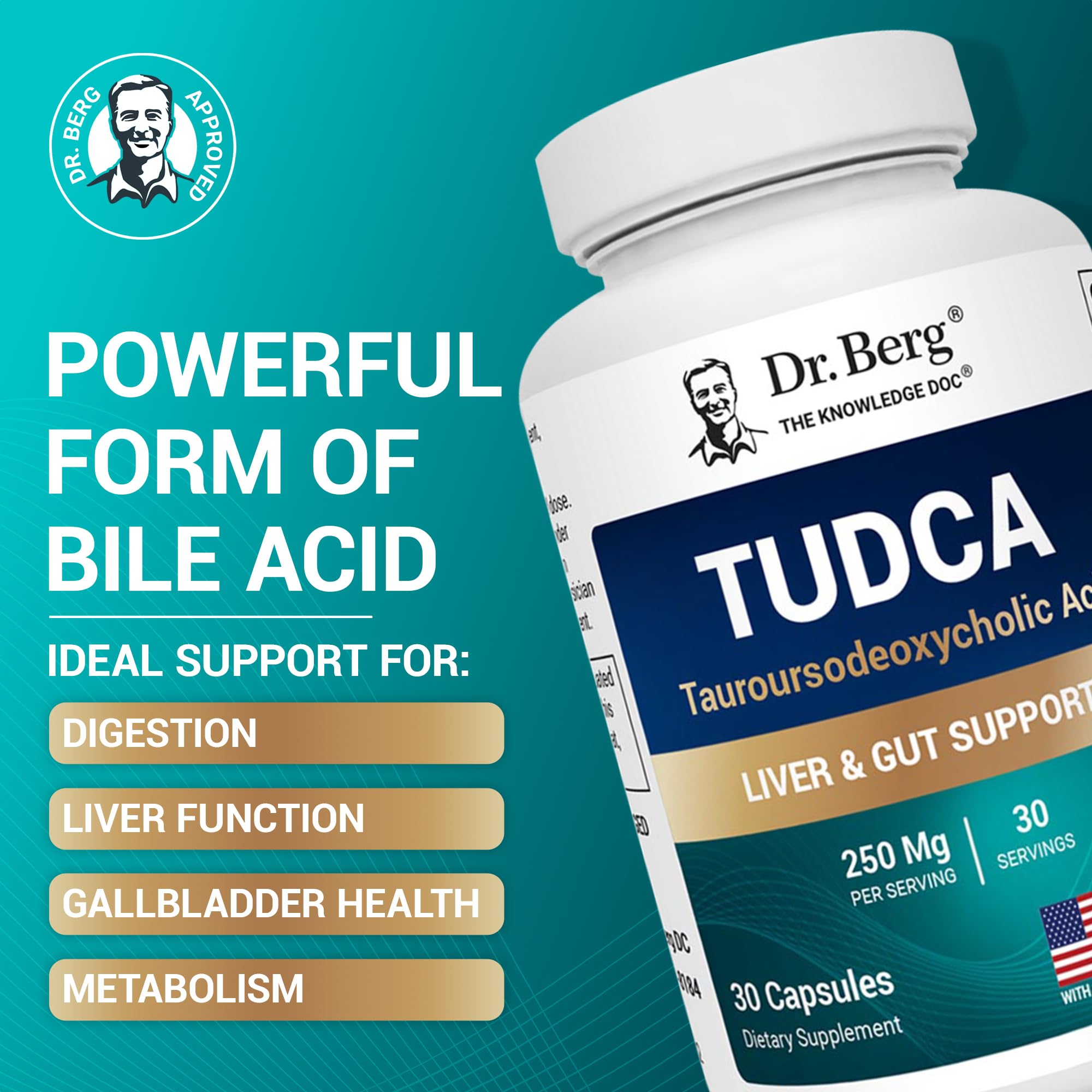 Dr. Berg TUDCA bottle label close-up showing 250 mg per serving.