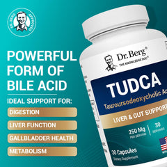 Dr. Berg TUDCA bottle label close-up showing 250 mg per serving.