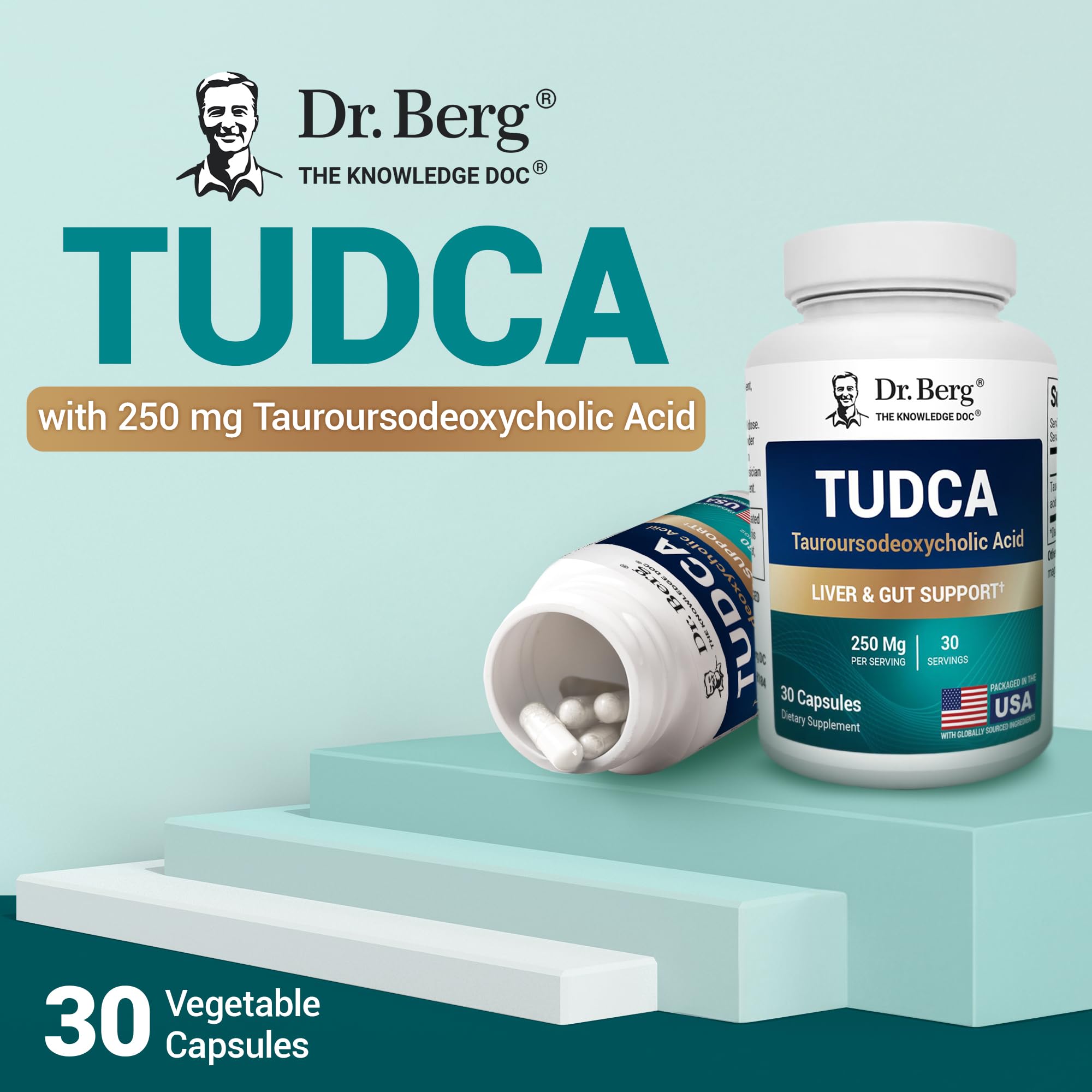 Dr. Berg TUDCA bottle with glass of water for routine ingestion.
