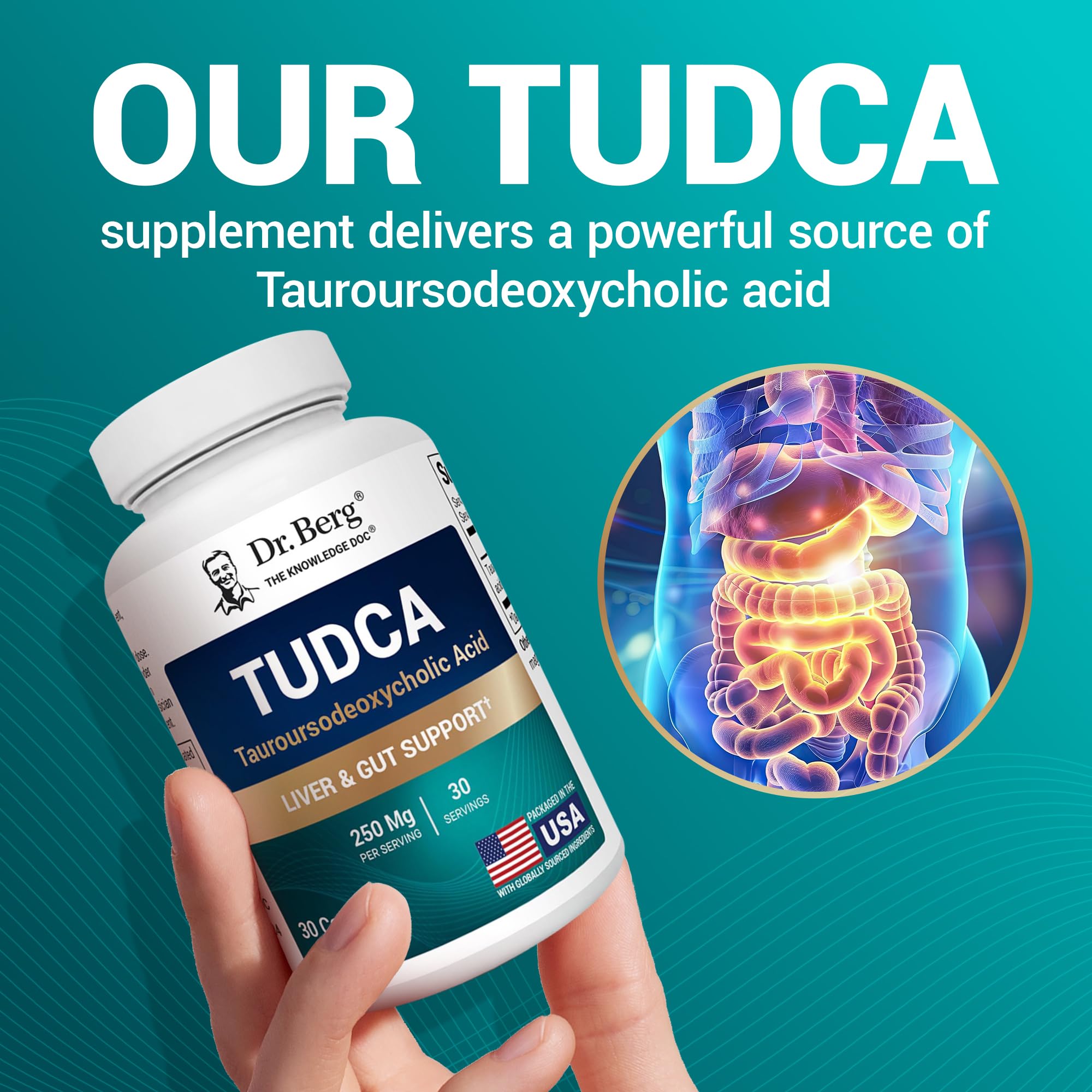 Close-up of Dr. Berg TUDCA capsules for bile flow support.