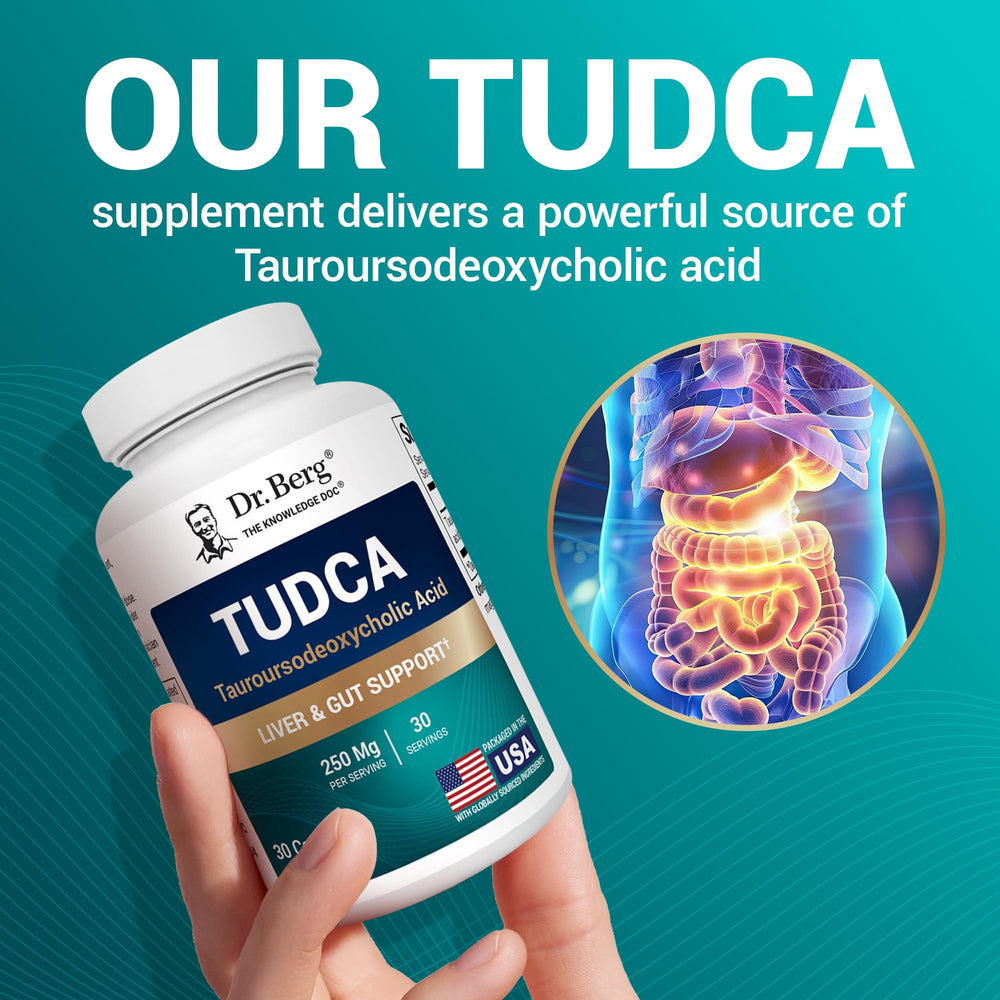 Close-up of Dr. Berg TUDCA capsules for bile flow support.