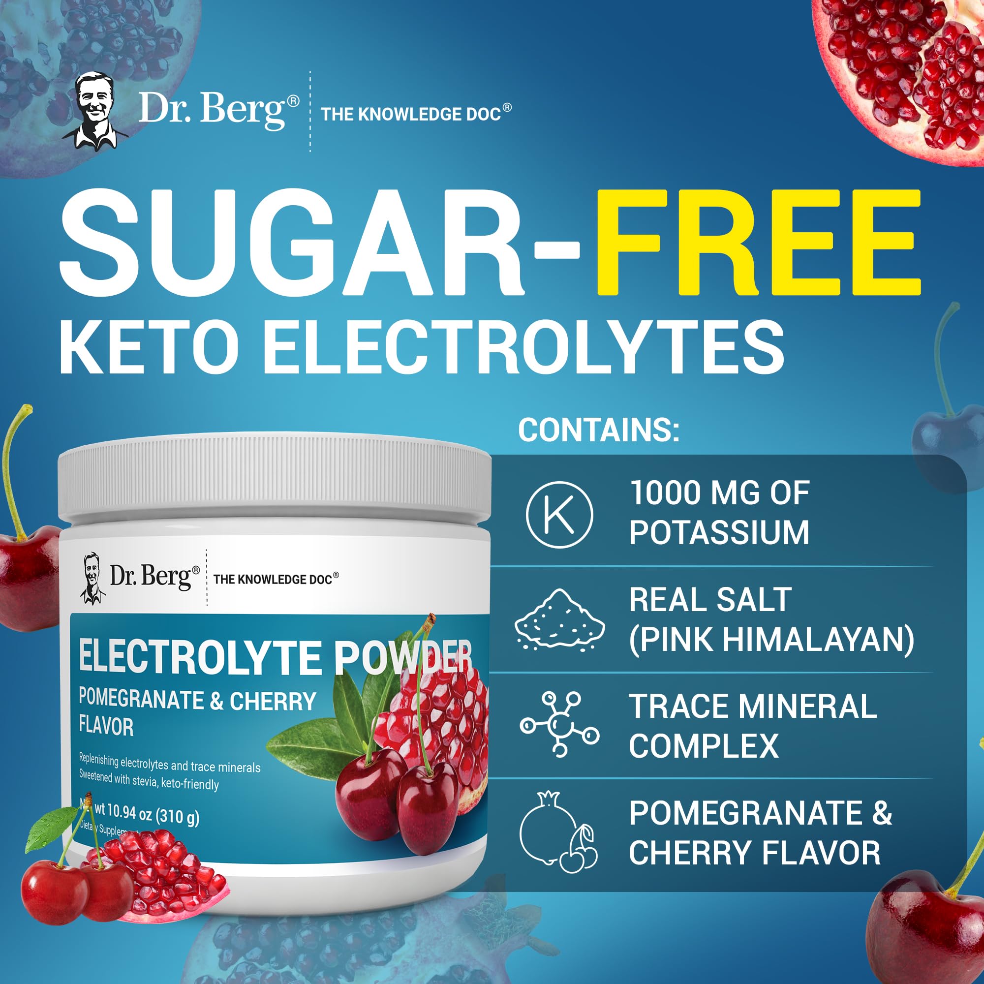 Dr. Berg Zero Sugar Hydration flavor pomegranate cherry in a refreshing drink