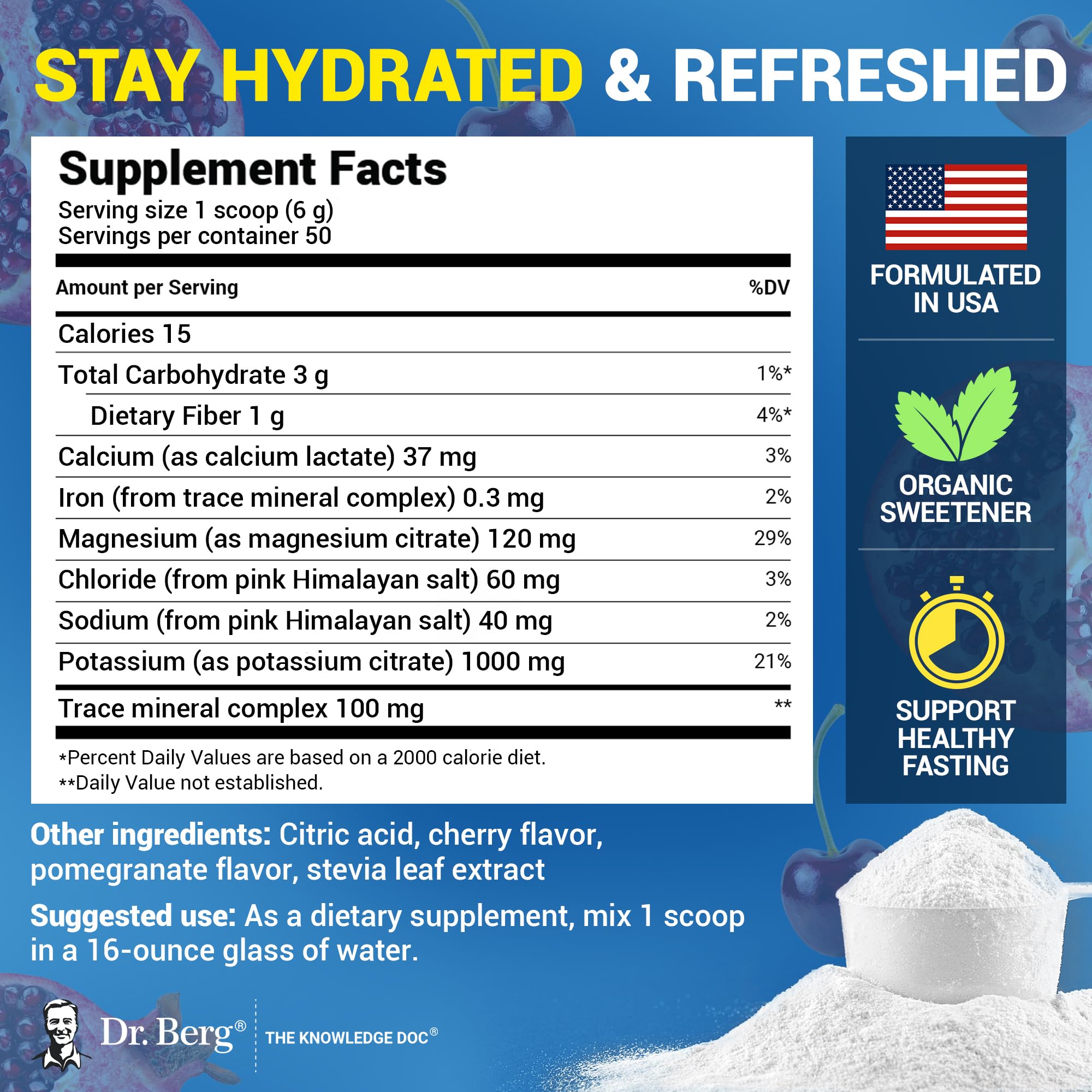 Dr. Berg Zero Sugar Hydration label closeup highlighting potassium and minerals