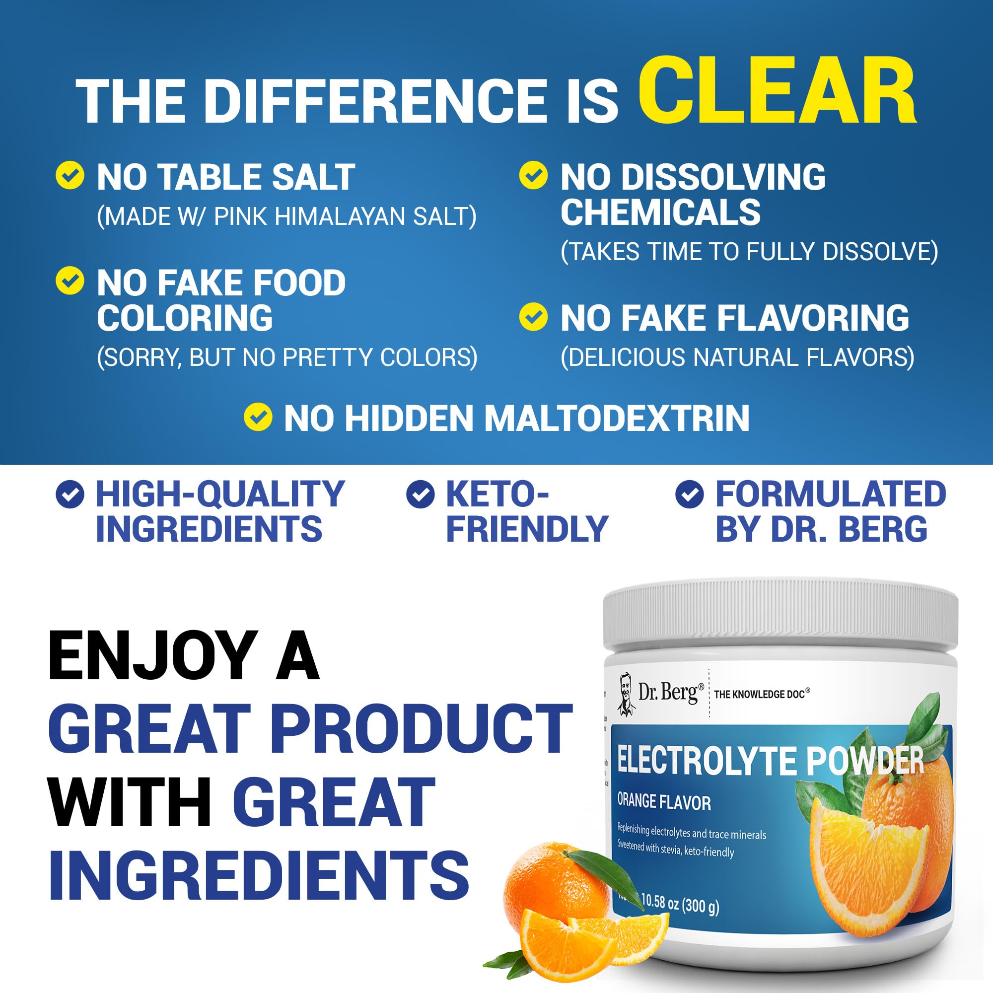 Dr. Berg orange flavor powder mixes quickly for a refreshing hydration drink.