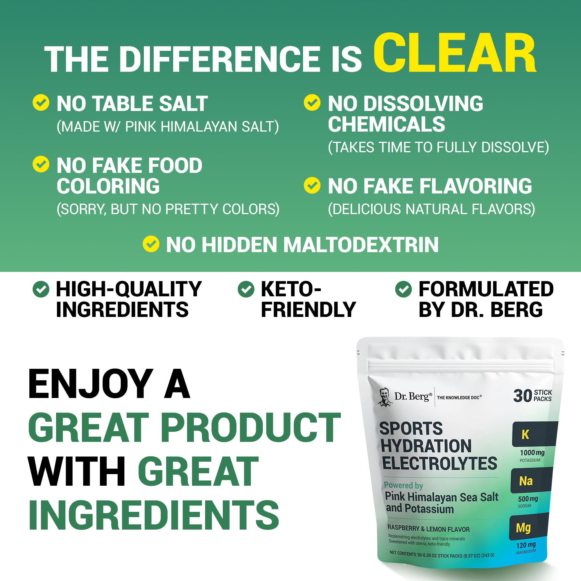 Dr. Berg pink Himalayan salt crystals emphasize natural mineral source.
