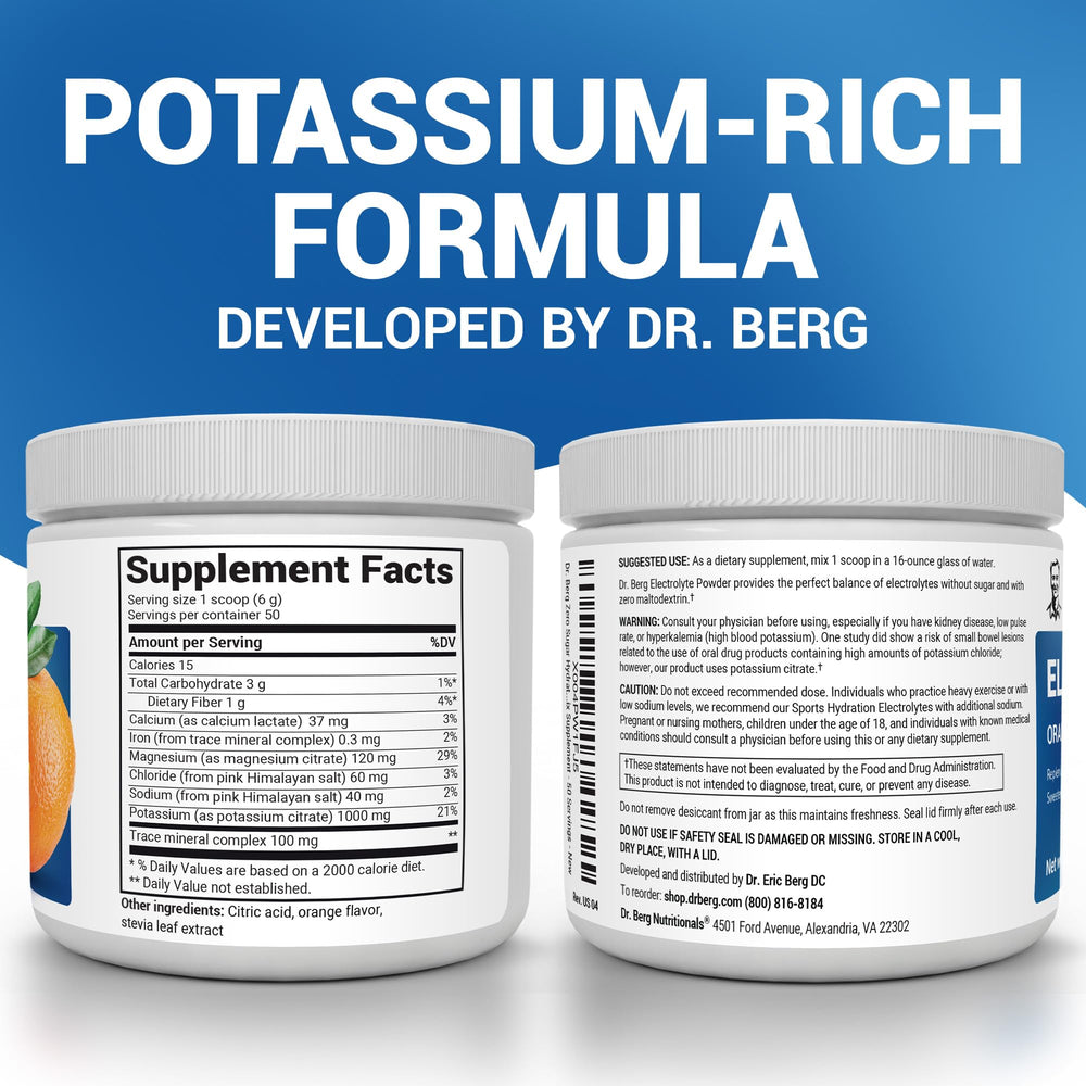 Dr. Berg potassium 1000 mg electrolyte powder supports sustained hydration during activity.